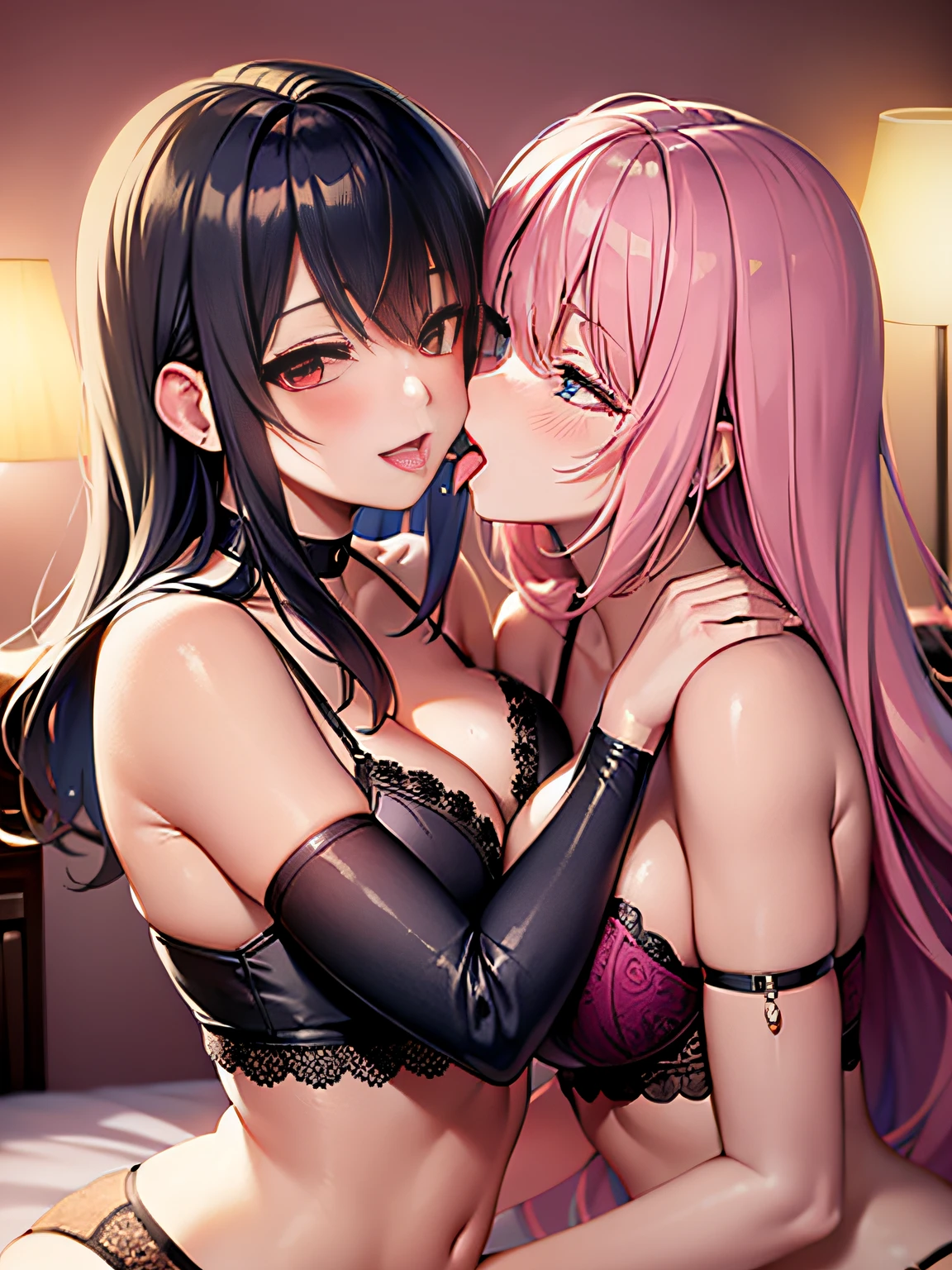anime, moe, adult woman, women kissing each other, tongue licking, lingerie, hugging, big, long hair, love hotel room, sleeping on bed, pink wall, pink lighting