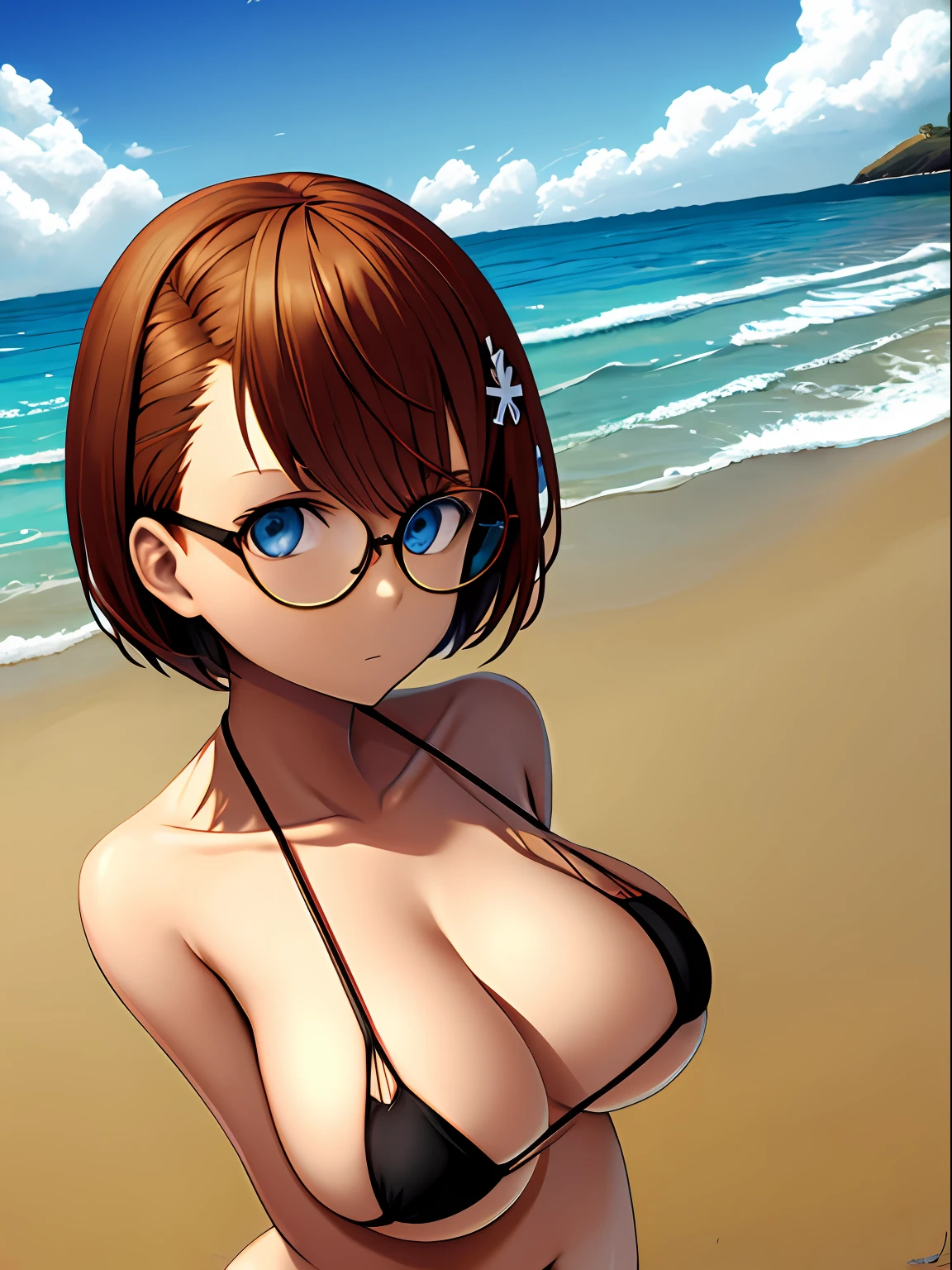 girl, solo, short hair, bronze hair, slender, Misaka sister, micro bikini, large rectangular glasses on forehead, beach