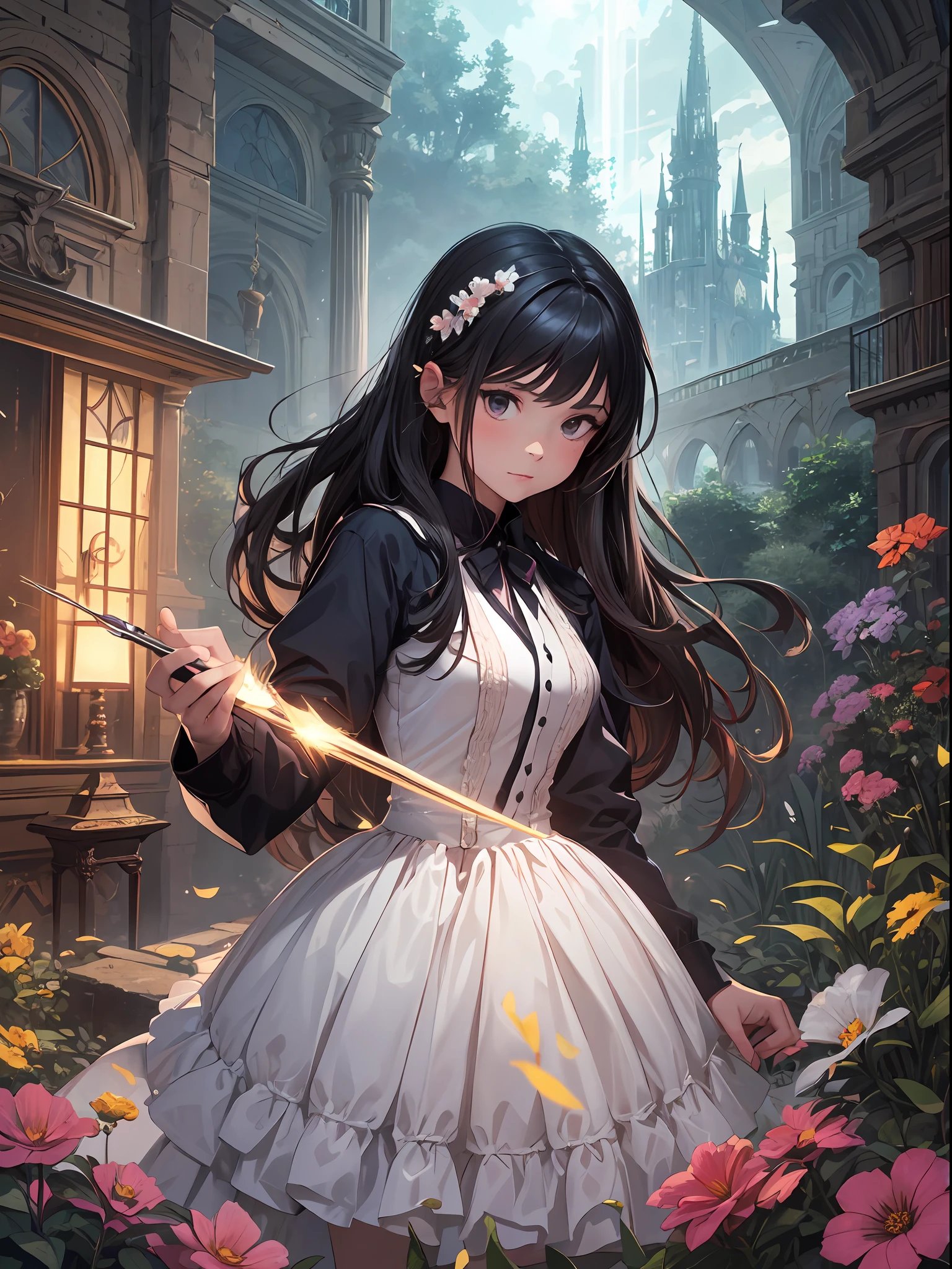 Titled "The Girl Wizard from Another World," the painting depicts a girl wielding magic in an exclusive castle garden. A beautiful otherworldly castle spreads out in the background, and the garden located inside creates an atmosphere as if you have opened a door to another world.

In the center of this scene stands Japan elementary school girls in elementary school uniforms. Her face is innocent and has an expression that makes her wish for something. In her hand is a luxurious wand, from which mighty magical powers are emitted. Its energy is so powerful that the beam of light makes a large trajectory in the sky.

The charm of this painting lies in the power of the girl and the beauty of the garden, as well as the skillful capture of the otherworldly atmosphere. And the girl's facial expressions and movements are very realistic, and have the power to draw the viewer into the place.

In addition, the light and shadow production is also stunning. The beam of light emitted by the wand brightly illuminates the garden and the castle, creating a sense of distance between the visible light source and the girl. Quality produces realistic images that can convey visual beauty and narrative appeal at the same time.

This is not only a visually appealing piece, but also a work that further enriches the visual experience by depicting a story. We think about the theme to the fullest.
The reason for this is that the level of perfection and the effort and passion of the artists who thought of it on their own is unrivaled. Here are the best works that we propose to you. The images should be very realistic, very detailed, and 16k with high resolution. Use a Sony Alpha 24 mirrorless camera with Sony FE 105-4mm f/4G OSS lens. Set the ISO sensitivity to 32,000 and the shutter speed to 1/125 second. The image should frame the girl's cuteness and fetish ims in the center, "realistically reproducing the texture of the fabric". --Aln 16:9.