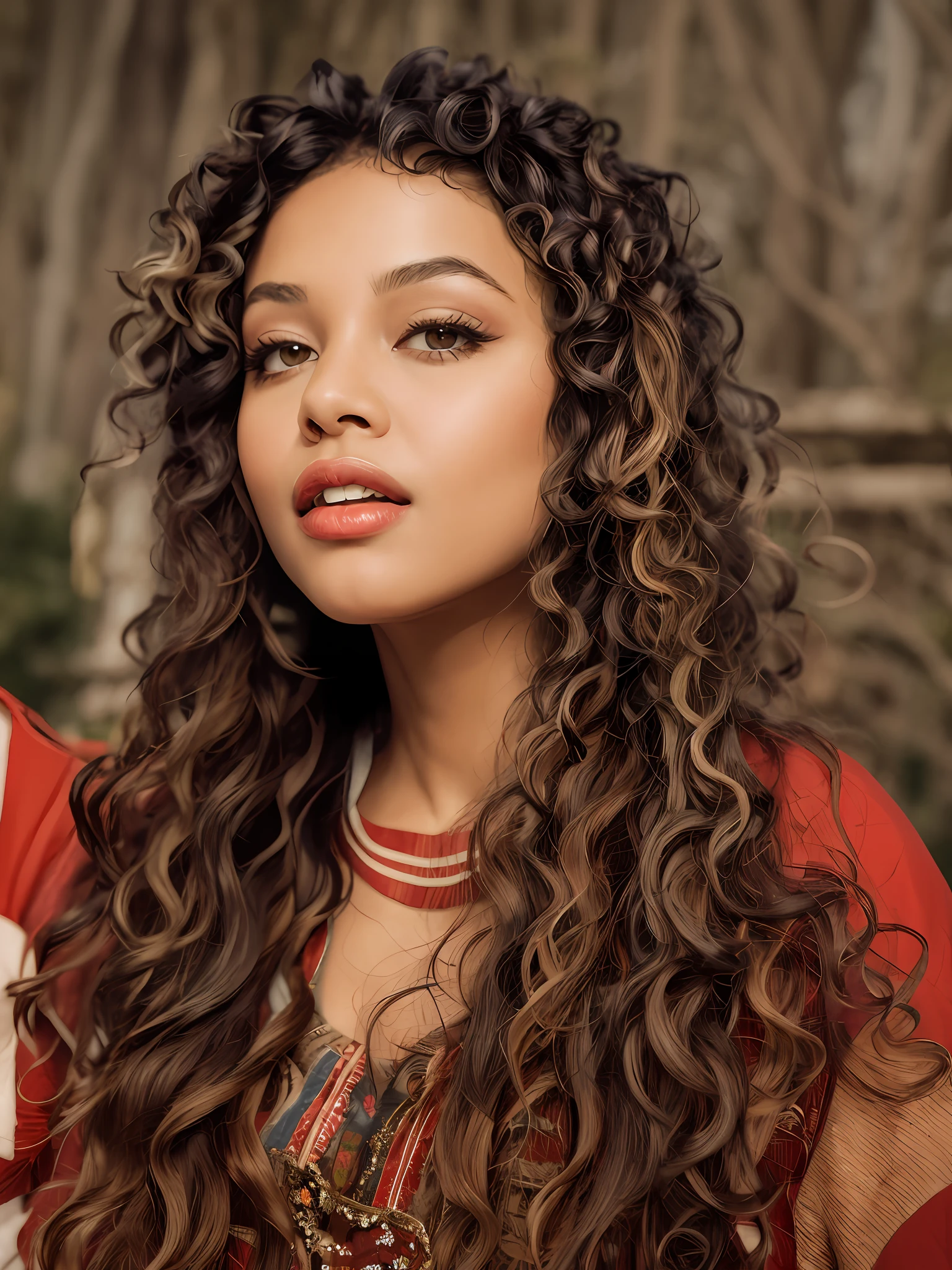 Black woman with curly hair, with red mouth, wearing long vintage style dress with a beautiful forest landscape in the background
