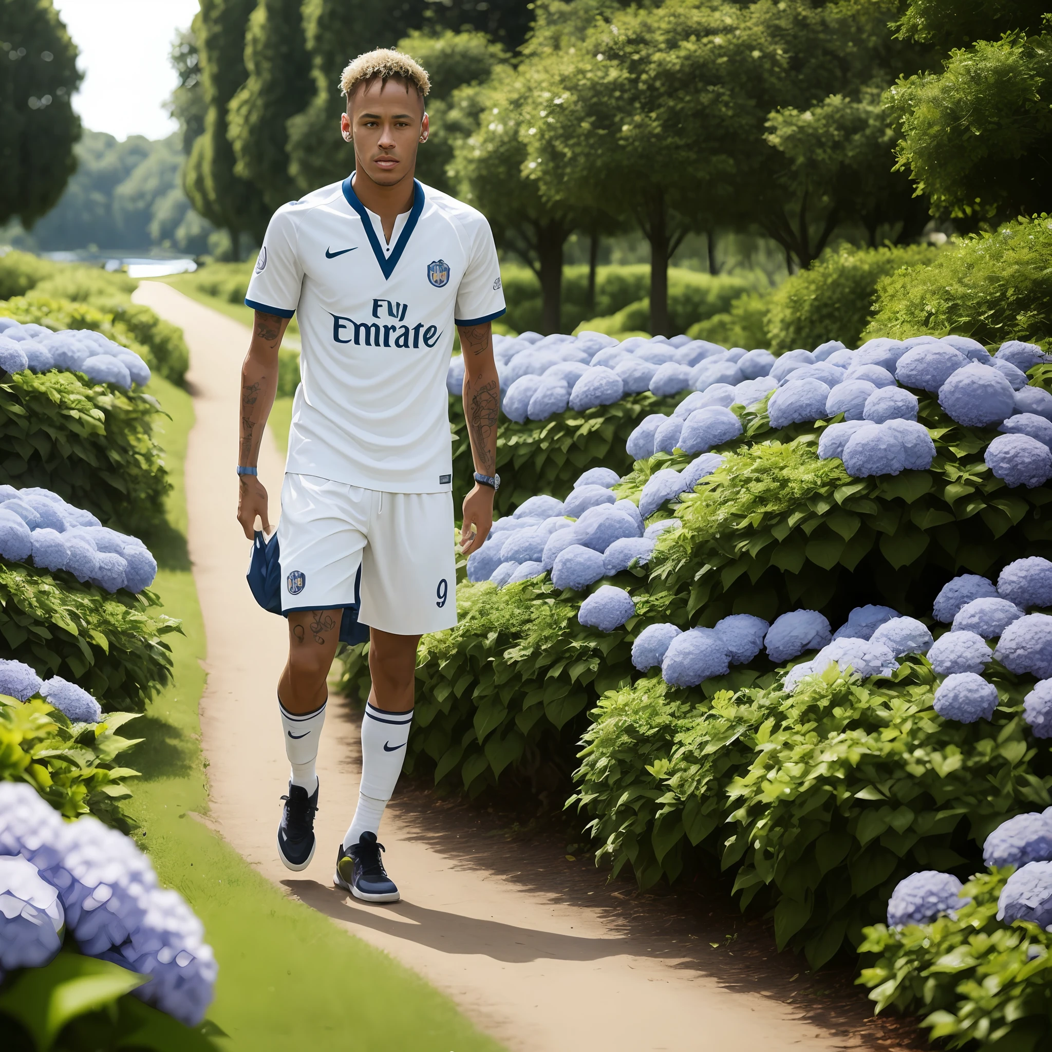 Neymar wearing zelda hydrangea clothing, park, lake, small hill, pebbly path, masterpiece, best quality, anatomically correct, --auto