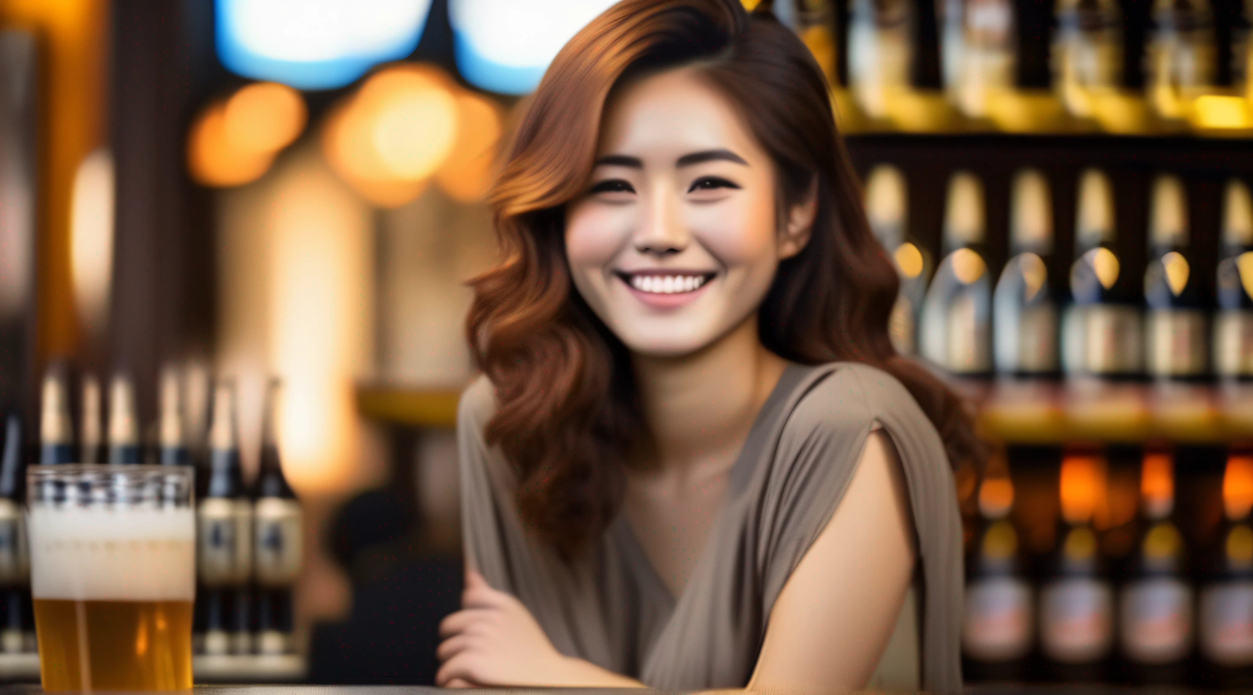 Smiling woman sitting in bar holding beer bottle, young asian woman, beautiful young Japan woman, gorgeous young Japan woman, beautiful Japan woman, charming smile, cute young woman, smiling young woman, Chiho, beautiful and smiling, young asian woman, smiling gently, Dhilaba Dilmrat, Japan woman