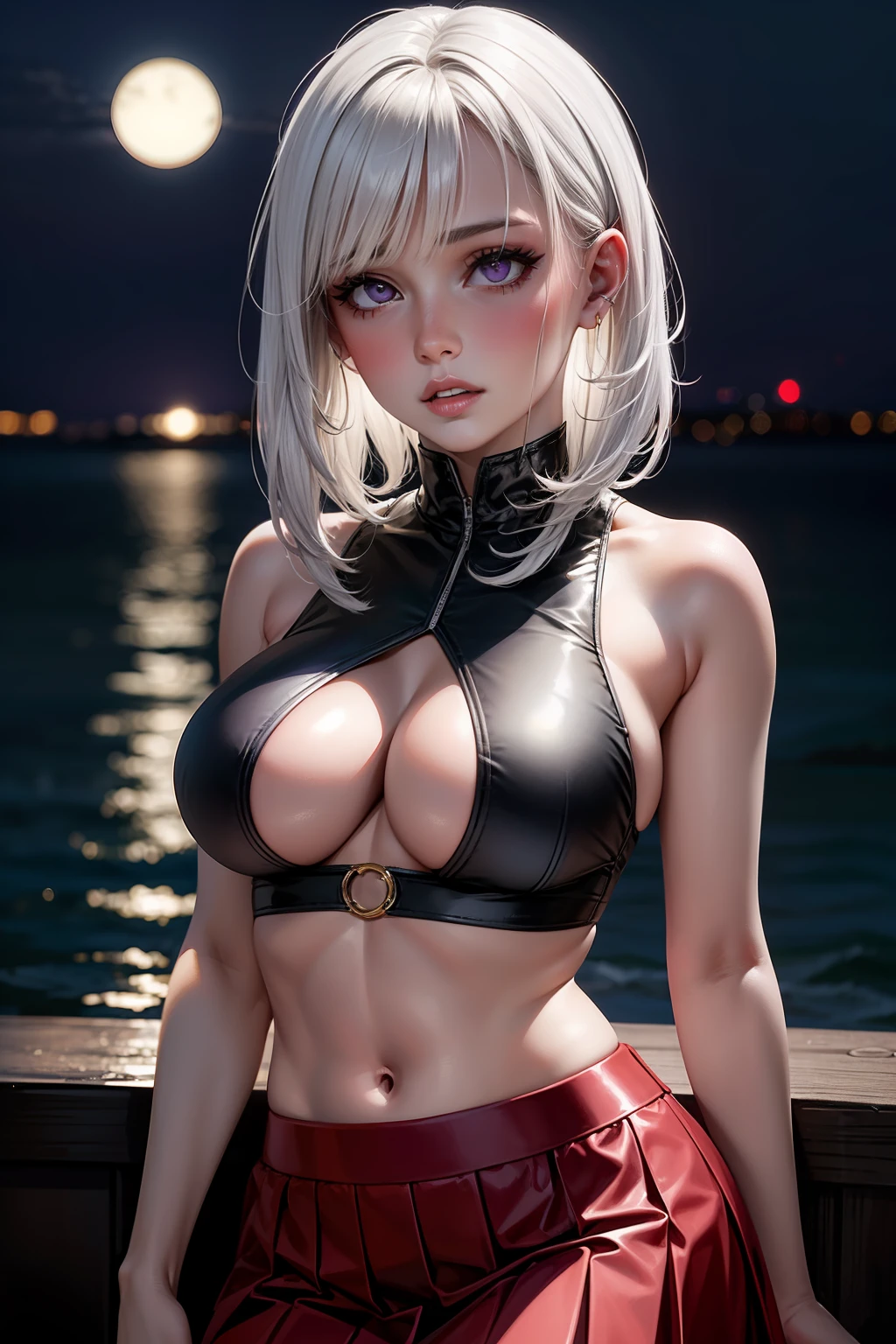 realistic, 1girl, white hair, purple eyes, glowing eyes, crop top, (underboobs:1.2), skirt, parted lips, blush, night, sun, sunlight, sea village, sea at night, night sky, port