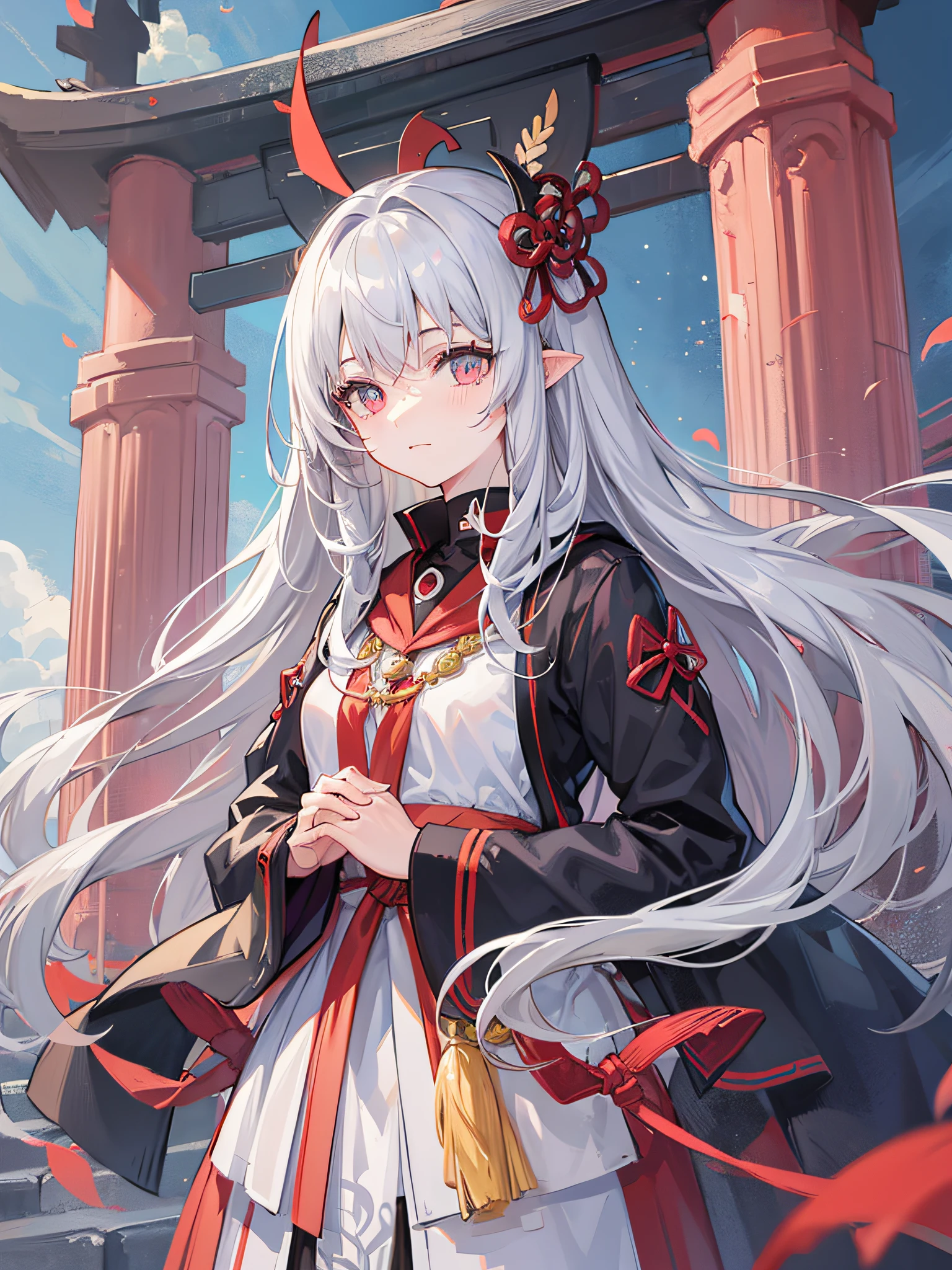 Long gray hair anime girl standing in shrine, flowing silver hair (long), perfect gray hair girl, smooth anime CG art, top quality, super high resolution, priestess, red torii gate, red beautiful eyes