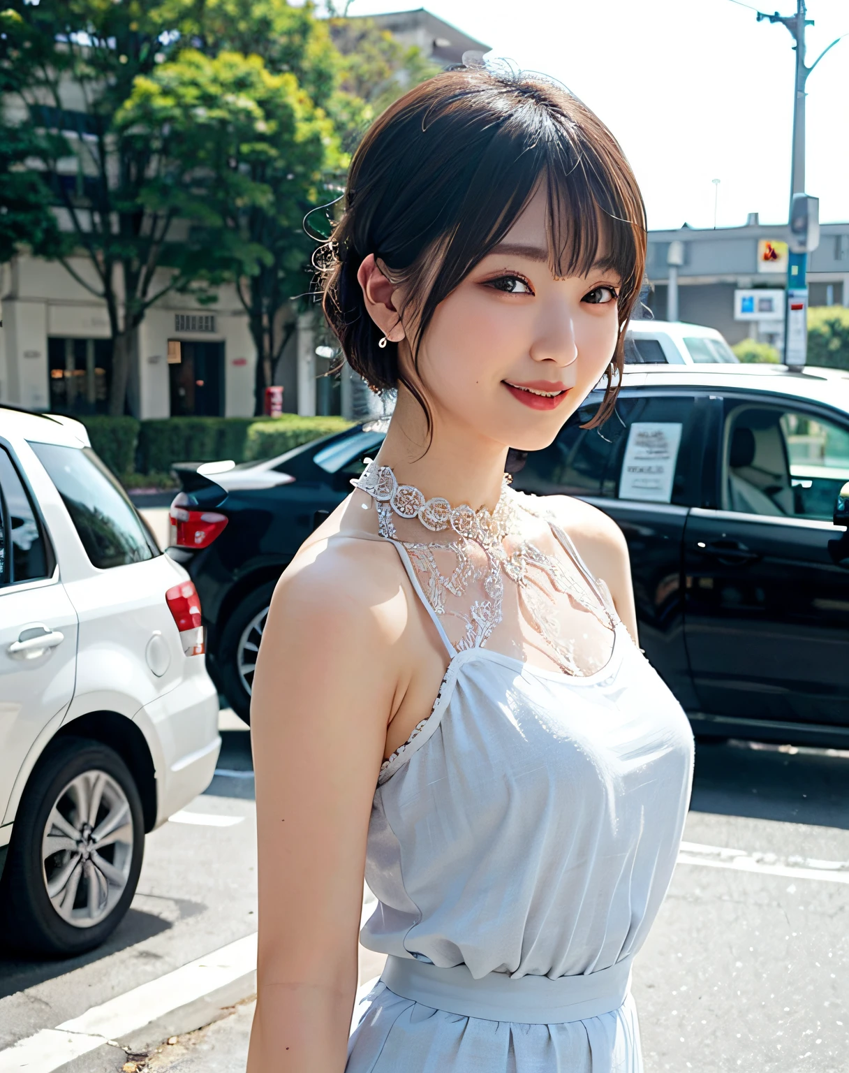Woman posing on street corner wearing sheer lace dress, top quality, girl one, big breasts, sun, bright, blurred background, bokeh, outdoor, (street: 0.8), (people, crowd: 1), (cropped with lace) dress: 1.5, sleeveless dress, full body, light grey color clothes, light gray color high neck dress: 1.2, light gray color dress: 1.5), gorgeous ( Short hair, forehead: 1.2), sagging eyes, sky with beautiful details, earrings, (upper body: 0.8), soft lighting, wind, shiny skin, smile
