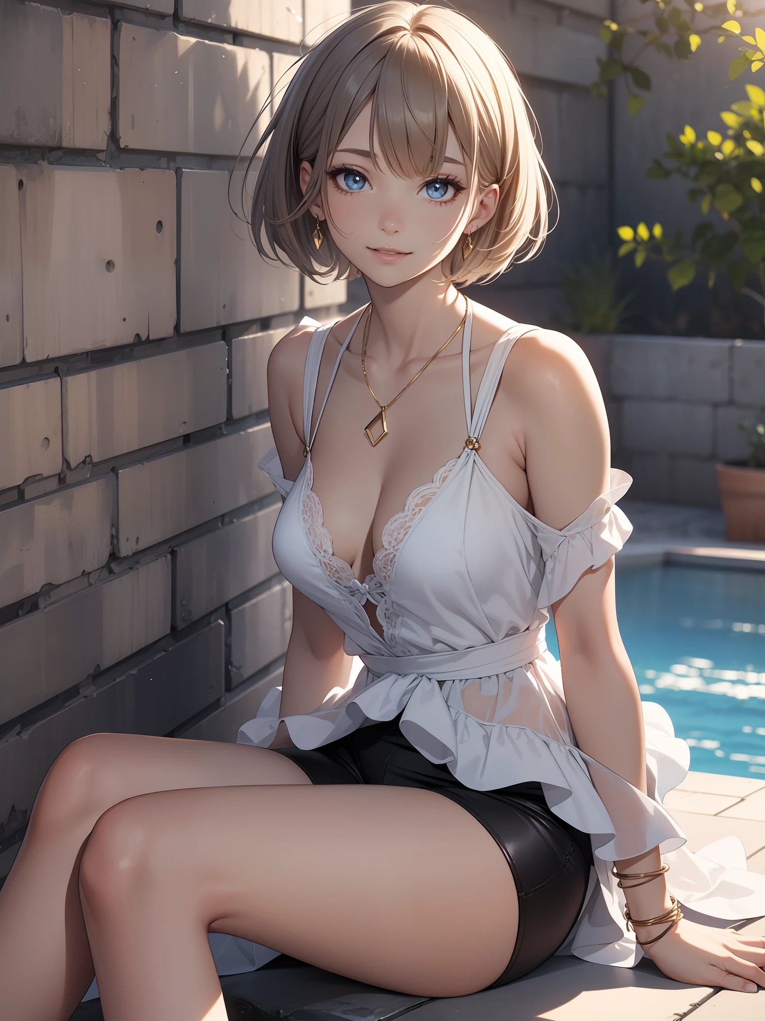 (masterpiece, best quality), (finely detailed beautiful eyes), (finely detailed eyes and detailed face), (scenery), (extremely detailed CG, ultra-detailed, best shadow), ((depth of field)), beautiful concept illustration, (illustration), (extremely fine and beautiful), (perfect details), cowboy shot, young girl, swimsuit, smile, happy, Mode Girl, Cool and sophisticated hairstyle, Bob cut, short hair, medium hair, Simple styling, sharp lines, Natural and elegant makeup, To make the skin shine and bring out a sense of transparency, Simple eye makeup, mascara, Lips are subdued or colors, Minimalism, monotone, simple color palettes, Clean, sharp designs, flowing silhouettes, asymmetrical, geometric, Elegant and luxurious materials and designs, Simple, minimal accessories, Slim necklaces and rings in silver or gold, Simple bangles, Distinctive designs, simple silhouettes, chic and mature impression, simple and sophisticated style, elegance, minimalism, high quality materials, cool and urban impression, high fashion, simplicity and sophistication, beautiful sky, cloud, sun, sun light, sitting, knees up, summer, Summer Pool Party, lens flare, shining, aureole,