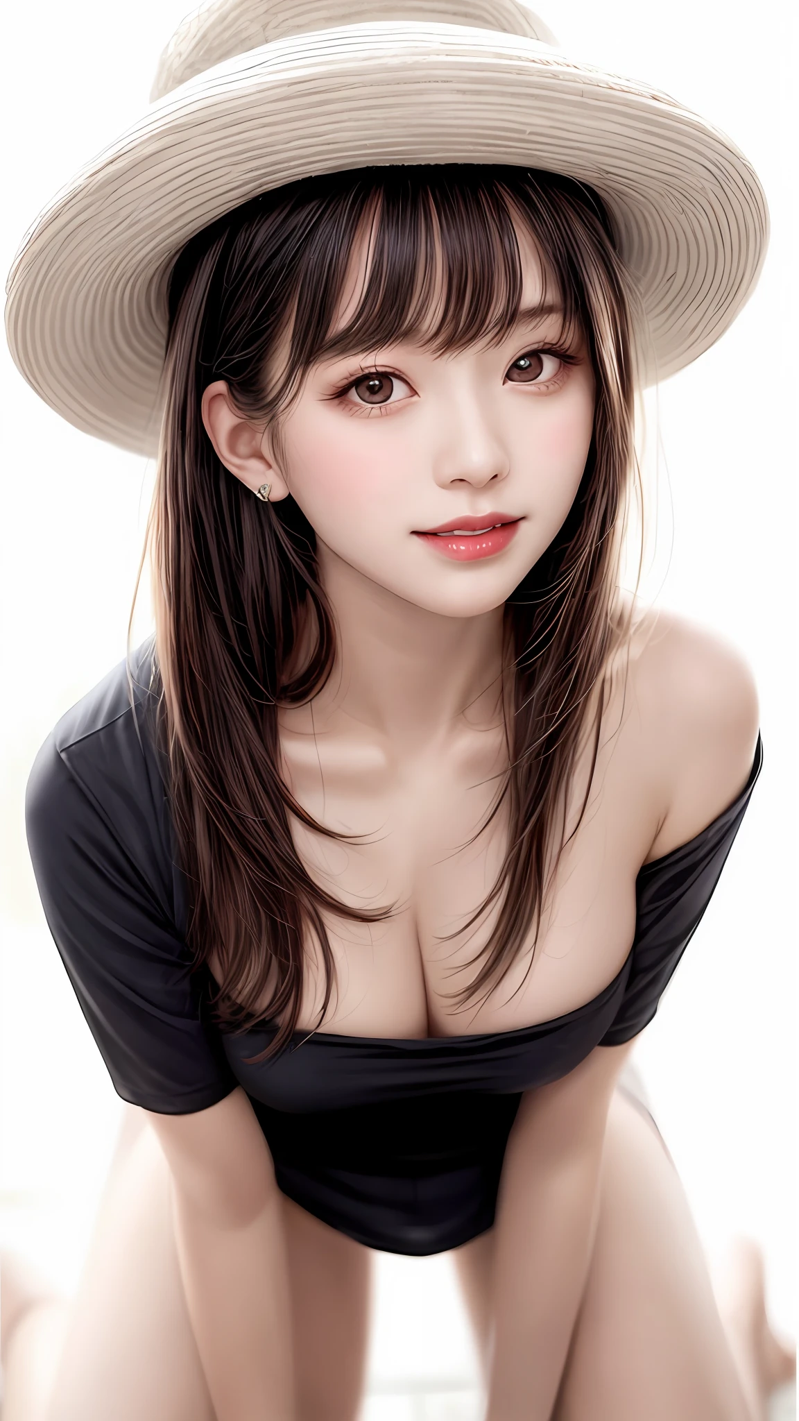 Pee (incontinence: 1.47), fashion trendy beautiful and attractive woman, gentle and attractive Chinese beautiful woman, Korean (kpop idol), delicate and sexy collarbone, attractive oval face, double eyelids, smart [peach] flower eyes, pink lips, small nose, bare shoulders, focus on face, [[face close-up], ultra high definition, super detail, White off-shoulder lace shirt, (((black) lace panties), fresh and impressive, natural (large: 1.25), (kneeling on the ground), (legs wide open), (legs spread), (from a low angle), (upright 1.5), (shiny skin: 1.4), (low angle)), perfect figure, areolas, cleavage, armpit wrinkles, (floor urine)), (NSFW: 1.05), ( Showpiece, top quality, high precision)), one girl, (big, photorealistic: 1.4), (slightly above the camera, looking up at the camera, looking up, looking up at the camera, staring at the camera))), solo, solo, white background, snow-white background, mouth closed, happy smile, pretty black hair, short hair, big eyes, pronounced double eyelids, eyelashes, ears out, long neck, long neck, Absolute area, ((close-up of face, short hair with bangs)), 19 years old, attractive proportions, shiny skin, clean collarbone, golden ratio face, perfect face, teardrop mole, chest mole, bangs, clean bangs, beautiful bangs, lip gloss, thin lips, white skin, undressed, big breasts, small face, staring at the camera a little upwards, ((smiling a little at the camera, really nothing pure white background, very big big, big breasts)), ((((uniform, hat)))