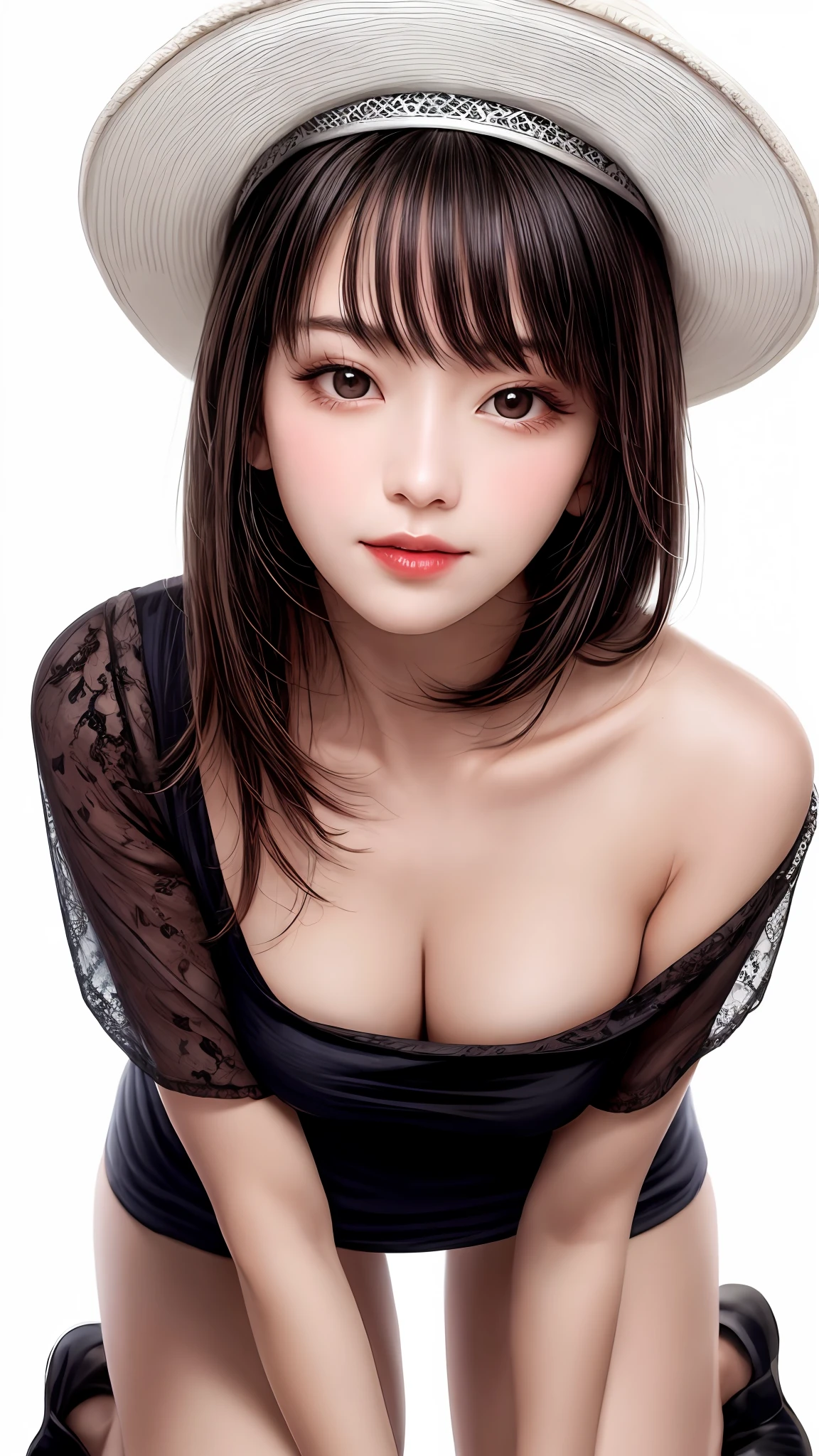 Pee (incontinence: 1.47), fashion trendy beautiful and attractive woman, gentle and attractive Chinese beautiful woman, Korean (kpop idol), delicate and sexy collarbone, attractive oval face, double eyelids, smart [peach] flower eyes, pink lips, small nose, bare shoulders, focus on face, [[face close-up], ultra high definition, super detail, White off-shoulder lace shirt, (((black) lace panties), fresh and impressive, natural (large: 1.25), (kneeling on the ground), (legs wide open), (legs spread), (from a low angle), (upright 1.5), (shiny skin: 1.4), (low angle)), perfect figure, areolas, cleavage, armpit wrinkles, (floor urine)), (NSFW: 1.05), ( Showpiece, top quality, high precision)), one girl, (big, photorealistic: 1.4), (slightly above the camera, looking up at the camera, looking up, looking up at the camera, staring at the camera))), solo, solo, white background, snow-white background, mouth closed, happy smile, pretty black hair, short hair, big eyes, pronounced double eyelids, eyelashes, ears out, long neck, long neck, Absolute area, ((close-up of face, short hair with bangs)), 19 years old, attractive proportions, shiny skin, clean collarbone, golden ratio face, perfect face, teardrop mole, chest mole, bangs, clean bangs, beautiful bangs, lip gloss, thin lips, white skin, undressed, big breasts, small face, staring at the camera a little upwards, ((smiling a little at the camera, really nothing pure white background, very big big, big breasts)), ((((uniform, hat)))