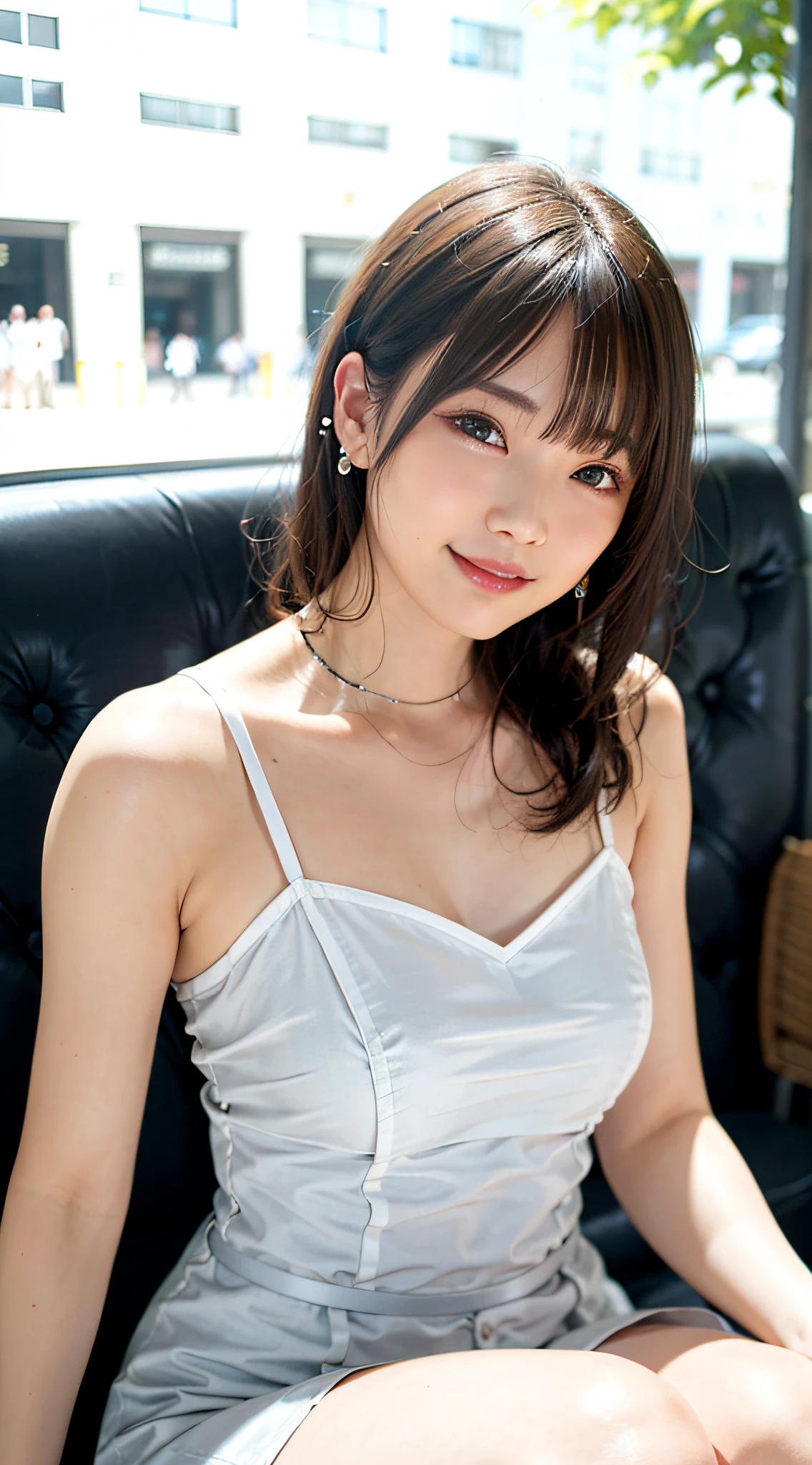 Woman sitting in café wearing sheer lace dress camisole, top quality, girl 1 person, big breasts, sun, bright, blurred background, bokeh, outdoor, (street: 0.8), (people, crowd: 1), dress (cropped with lace): 1.5, sleeveless dress, full body, light gray color dress, light gray color high neck dress: 1.2, light gray color dress: 1.5), Gorgeous (short hair, forehead: 1.2), sagging eyes, beautiful sky with details, earrings, (upper body: 0.8), soft lighting, wind, shiny skin, smile