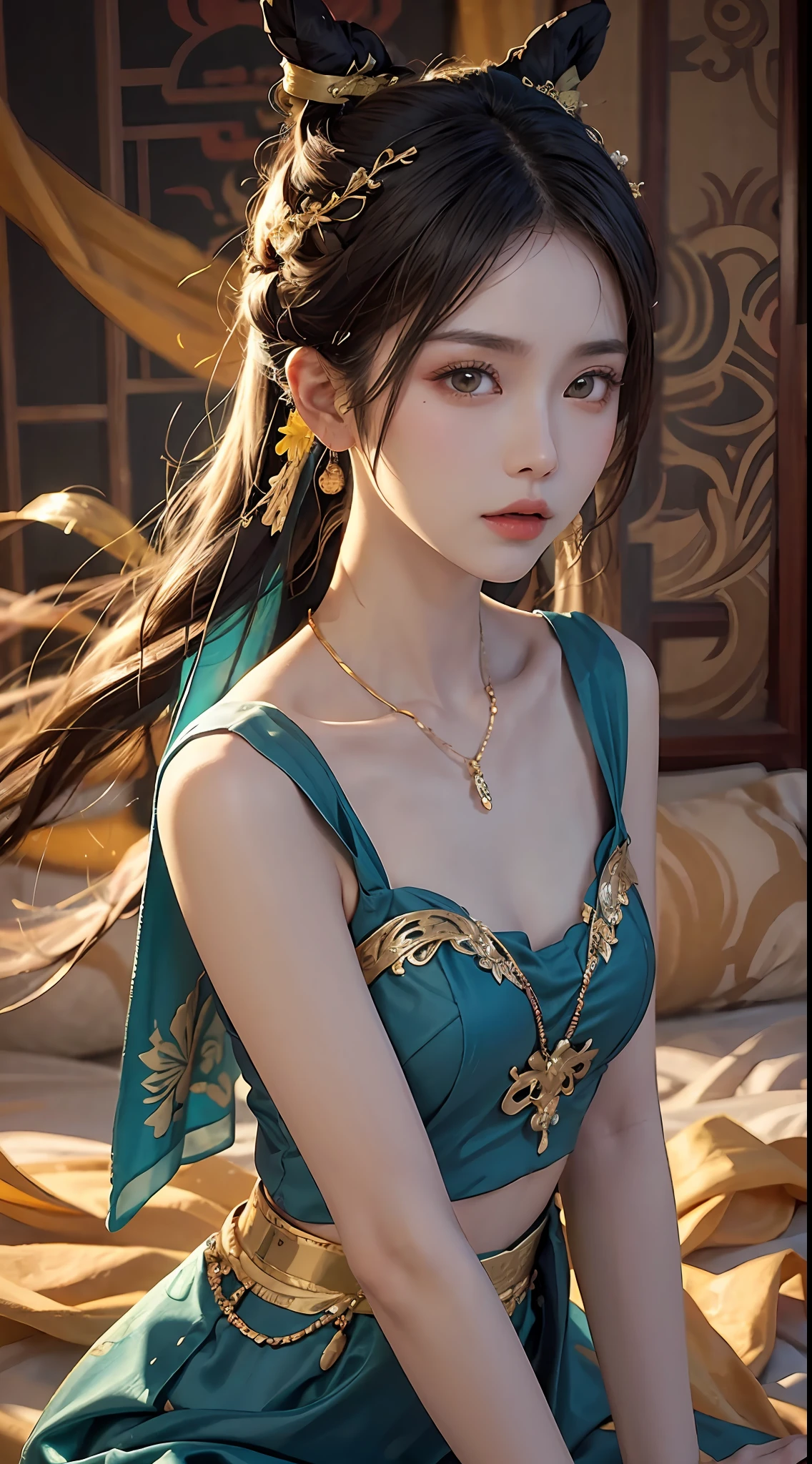 (RAW, Best Quality), Realistic, (Photorealistic Real: 1.3), Best Quality, High Detail, Masterpiece, Extremely detailed, Illustration, 1 25 year old goddess, upper body , Dynamic Angle, mess_long_hair, Best Quality, 8k Wallpaper, extremely detailed dunhuang uniform, Ink, Amazing, Cinematic Lighting, lens_flare, dunhuang_style dress, Sexy, Crop Top, Delicate Collarbone, Patterned Stockings, Gold Pattern all over her body, an ancient goddess, a hanfu-style silk ao dai, a silk dune costume, (dunhuang phi-tian style: 1.8) (fiction dunhuang landscape: 1.8), face beautiful and detailed makeup, thin black eyebrows, detailed eye makeup, big round yellow eyes, high nose, hair in a bun, jewelry on the head and neck, big and regular breasts, round hand on the wrist, jewelry on the goddess dune's shirt, small tattoo in the middle of the goddess dune,