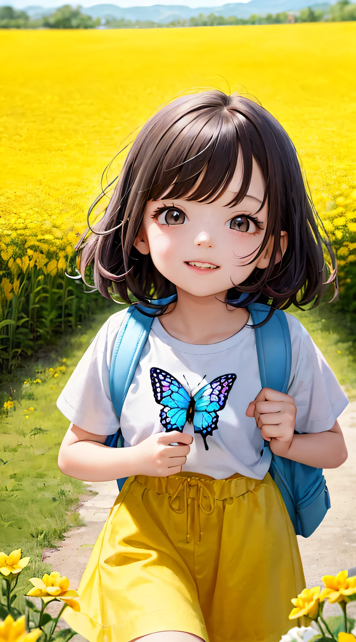 A charming with a backpack is enjoying a cute spring outing surrounded by beautiful yellow flowers and nature with her cute puppy. The illustration is a high-definition illustration in 4k resolution with highly detailed facial features and cartoon-style visuals, (Butterfly Dance)