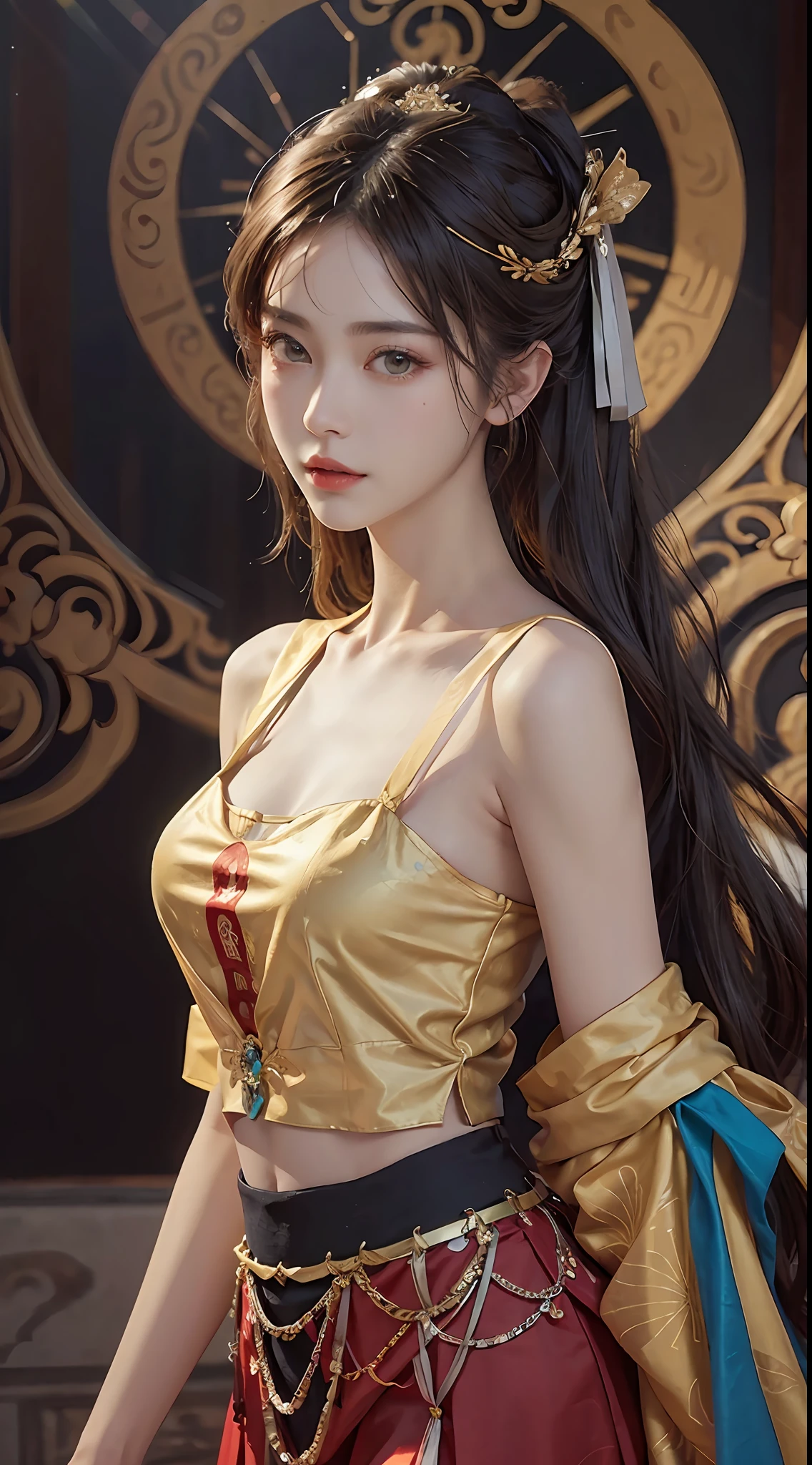 (RAW, Best Quality), Realistic, (Photorealistic Real: 1.3), Best Quality, High Detail, Masterpiece, Extremely detailed, Illustration, 1 25 year old goddess, upper body , Dynamic Angle, mess_long_hair, Best Quality, 8k Wallpaper, extremely detailed dunhuang uniform, Ink, Amazing, Cinematic Lighting, lens_flare, dunhuang_style dress, Sexy, Crop Top, Delicate Collarbone, Patterned Stockings, Gold Pattern all over her body, an ancient goddess, a hanfu-style silk ao dai, a silk dune costume, (dunhuang phi-tian style: 1.8) (fiction dunhuang landscape: 1.8), face beautiful and detailed makeup, thin black eyebrows, detailed eye makeup, big round yellow eyes, high nose, hair in a bun, jewelry on the head and neck, big and regular breasts, round hand on the wrist, jewelry on the goddess dune's shirt, small tattoo in the middle of the goddess dune,
