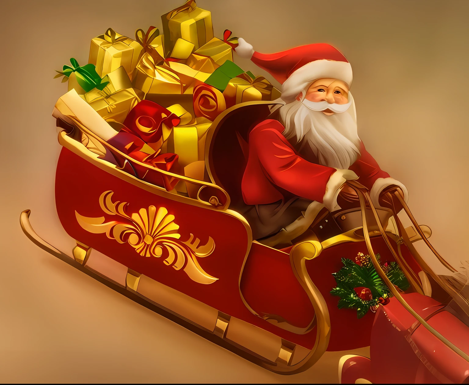 Santa Claus riding a sleigh with presents, Santa Claus, Santa Claus, surreal, gifts, complete details, red sleigh, golden texture, golden texture on sleigh