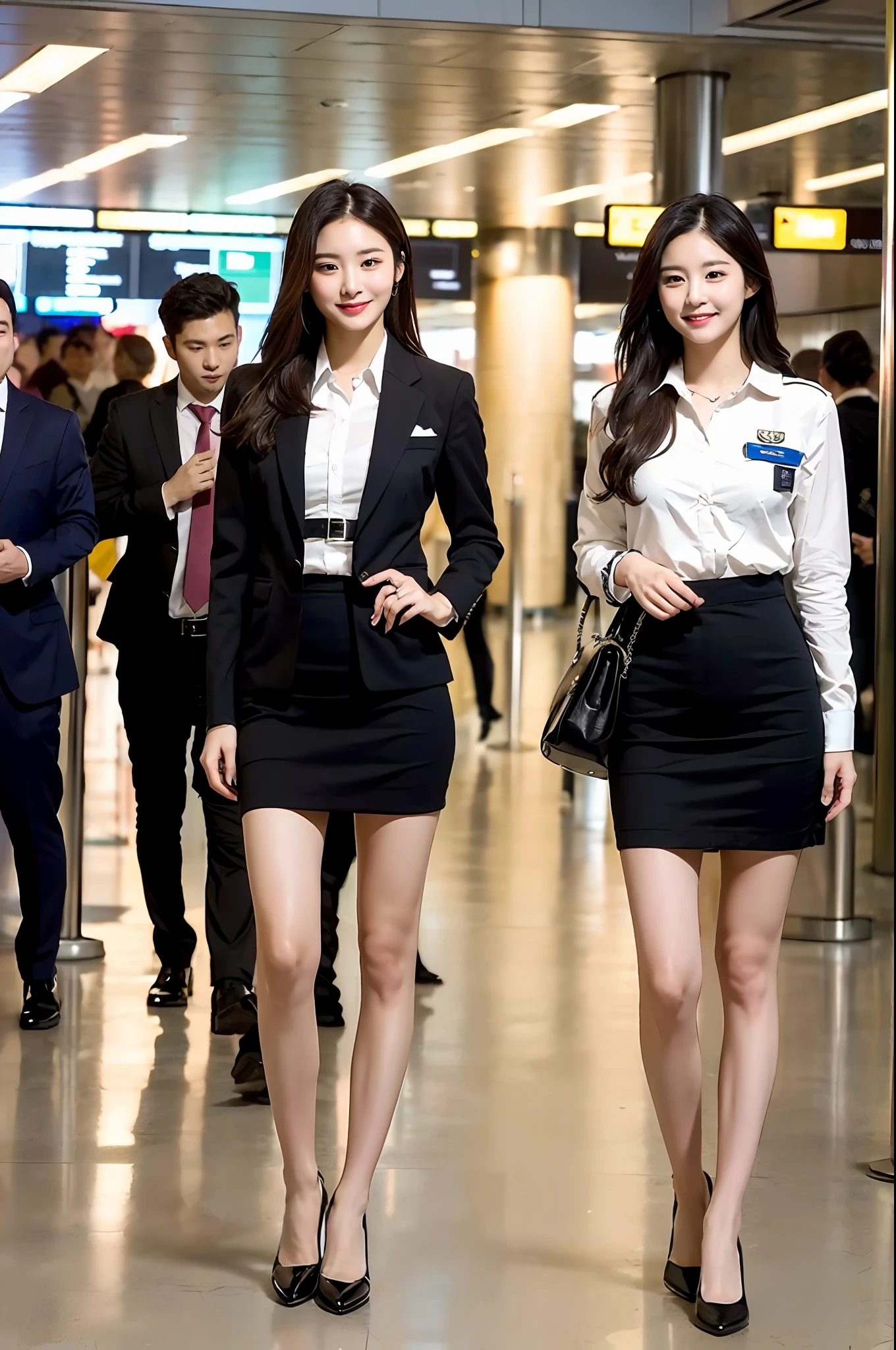 1 girl, (photorealistic, high resolution: 1.4), full body (8k, RAW photo, highest quality, masterpiece: 1.2), (realistic, photorealistic): 1.37), ((white skin: 1.2), big, viewer's gaze, (middle hair: 1.5), airplane, airport, stewardess uniform, formal jacket, real, (masterpiece: 1.4), (best quality: 1.4), ( shiny skin), smile (skinny, mouth closed, shy: 1.3), miniskirt