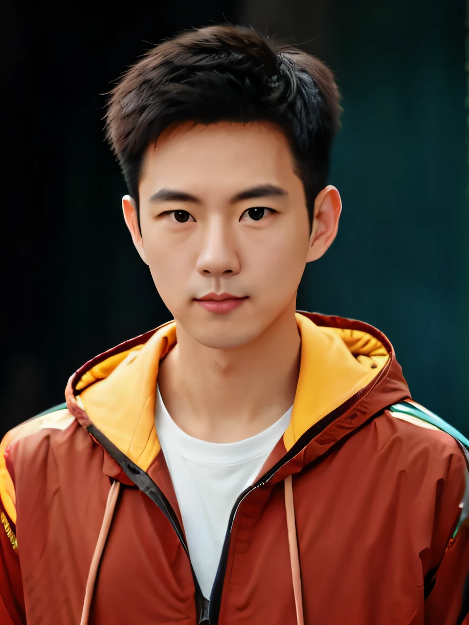 Asian man in red and blue color jacket and yellow hoodie, avatar, smooth skin, straight features, big eyes, short hair, super clear, rich details