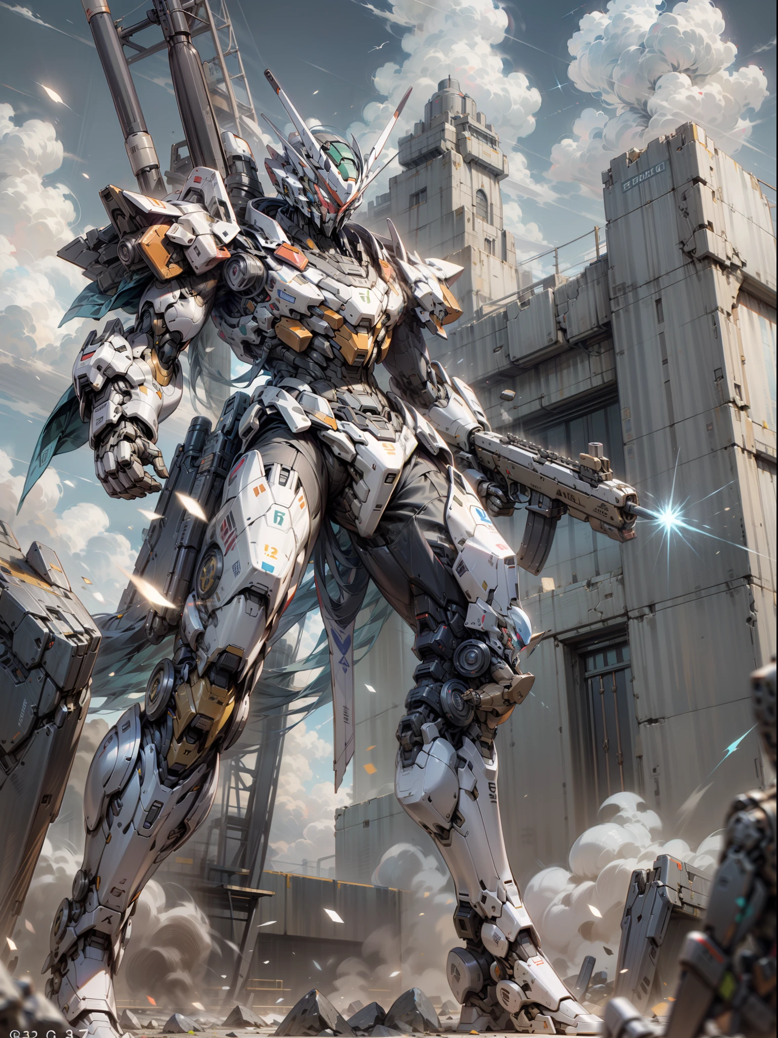((Best Quality)), ((Masterpiece)), (Very detailed: 1.3), 8K, cool painting, full of sci-fi, gunsmith, tank armor division with huge shield, heavy gundam, mask covering face, holding shield in the air, super large mechanical shield, heavy weapon, heavy machine gun, sniper rifle, cannon, Gatling machine gun scattered on the ground, carrying weapon firearm, pistol on the waist, sniper rifle on the back, super cool tank armor, weapon god, Gundam humanoid mecha, anime mecha aesthetics, Perfect Body Proportions, Heads-Up View, Standing Pose, Military Giant Mech, Missiles, Rocks, Future Technology, Realism, Clouds in the Sky, Dark War Background, Ray Tracing, Light Particles, NVIDIA Trtx, Super Resolution, Unreal 5, Subsurface Scattering, Specular and Albedo Map, Rule of Thirds, Large Aperture, Battle Stance, 8K Raw Data, High Efficiency Sub-pixels, Subpixel Convolution, Light Particles, Light Scattering, Tyndall Effect, Ray Tracing.