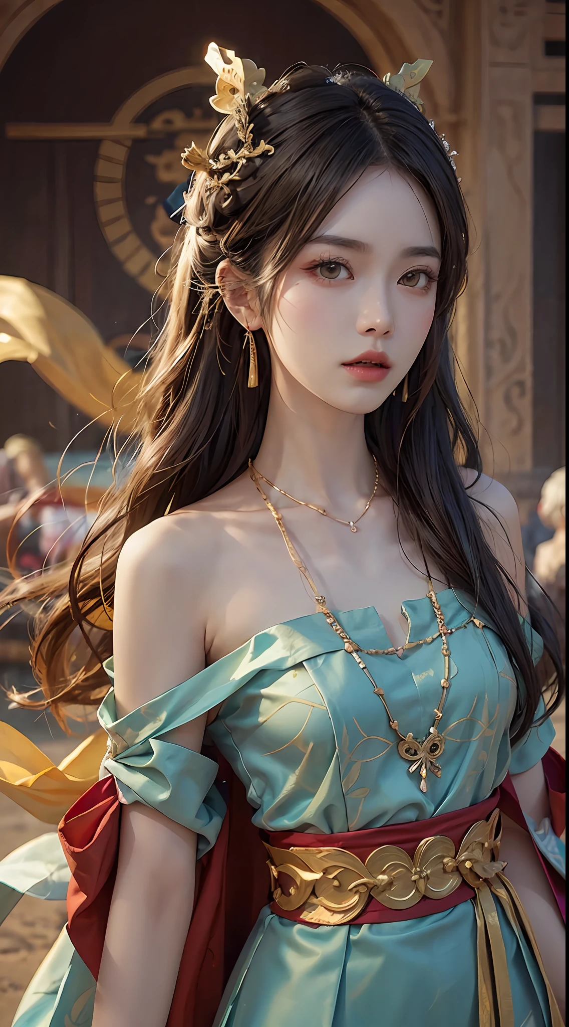 (RAW, Best Quality), Realistic, (Photorealistic Real: 1.3), Best Quality, High Detail, Masterpiece, Extremely detailed, Illustration, 1 25 year old goddess, upper body , Dynamic Angle, mess_long_hair, Best Quality, 8k Wallpaper, extremely detailed dunhuang uniform, Ink, Amazing, Cinematic Lighting, lens_flare, dunhuang_style dress, Sexy, Crop Top, Delicate Collarbone, Patterned Stockings, Gold Pattern all over her body, an ancient goddess, a hanfu-style silk ao dai, a silk dune costume, (dunhuang phi-tian style: 1.8) (fiction dunhuang landscape: 1.8), face beautiful and detailed makeup, thin black eyebrows, detailed eye makeup, big round yellow eyes, high nose, hair in a bun, jewelry on the head and neck, big and regular breasts, round hand on the wrist, jewelry on the goddess dune's shirt, small tattoo in the middle of the goddess dune,