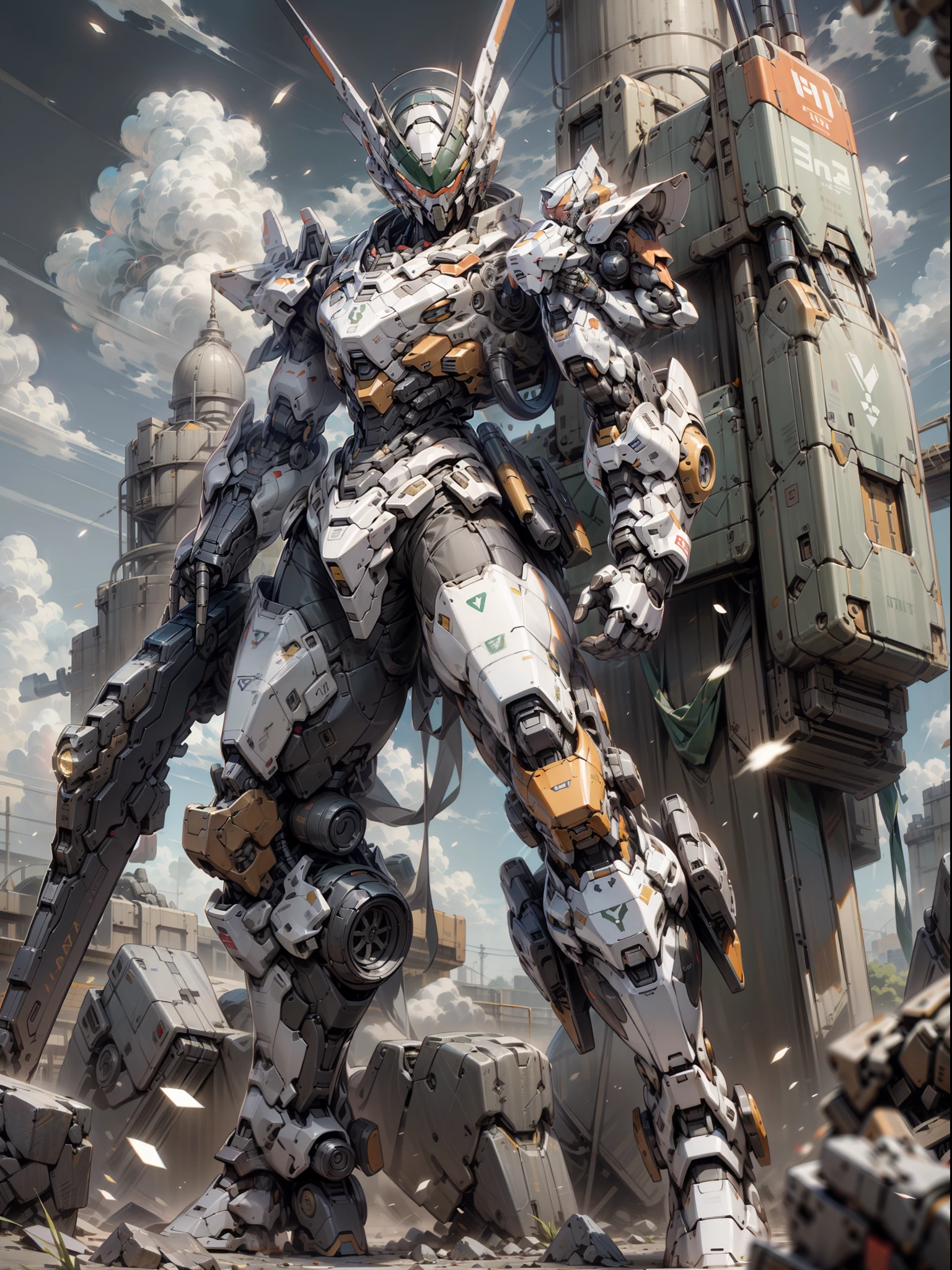 ((Best Quality)), ((Masterpiece)), (Very detailed: 1.3), 8K, cool painting, full of sci-fi, gunsmith, tank armor division with huge shield, heavy gundam, mask covering face, holding shield in the air, super large mechanical shield, heavy weapon, heavy machine gun, sniper rifle, cannon, Gatling machine gun scattered on the ground, carrying weapon firearm, pistol on the waist, sniper rifle on the back, super cool tank armor, weapon god, Gundam humanoid mecha, anime mecha aesthetics, Perfect Body Proportions, Heads-Up View, Standing Pose, Military Giant Mech, Missiles, Rocks, Future Technology, Realism, Clouds in the Sky, Dark War Background, Ray Tracing, Light Particles, NVIDIA Trtx, Super Resolution, Unreal 5, Subsurface Scattering, Specular and Albedo Map, Rule of Thirds, Large Aperture, Battle Stance, 8K Raw Data, High Efficiency Sub-pixels, Subpixel Convolution, Light Particles, Light Scattering, Tyndall Effect, Ray Tracing.