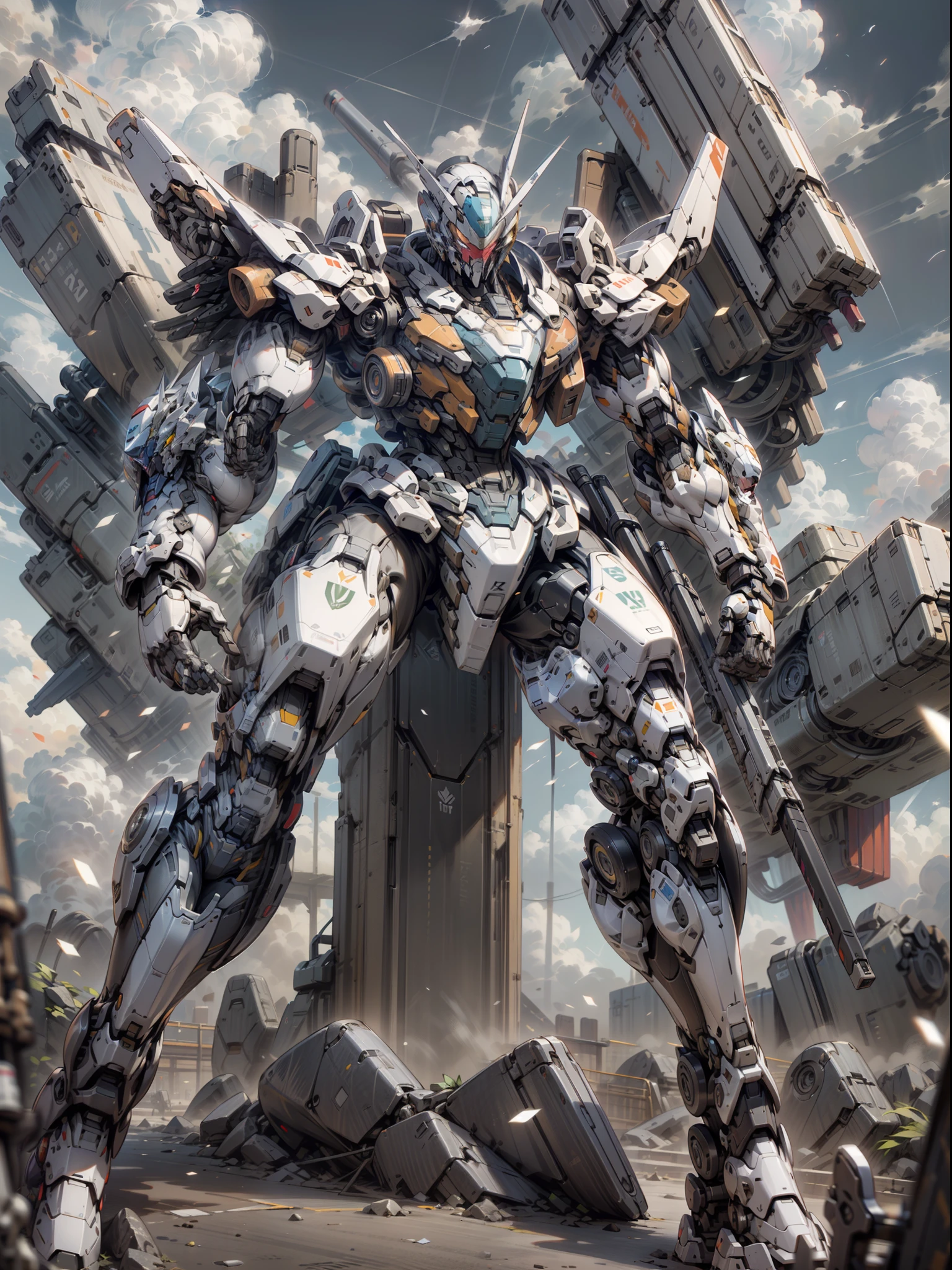 ((Best Quality)), ((Masterpiece)), (Very detailed: 1.3), 8K, cool painting, full of sci-fi, gunsmith, tank armor division with huge shield, heavy gundam, mask covering face, holding shield in the air, super large mechanical shield, heavy weapon, heavy machine gun, sniper rifle, cannon, Gatling machine gun scattered on the ground, carrying weapon firearm, pistol on the waist, sniper rifle on the back, super cool tank armor, weapon god, Gundam humanoid mecha, anime mecha aesthetics, Perfect Body Proportions, Heads-Up View, Standing Pose, Military Giant Mech, Missiles, Rocks, Future Technology, Realism, Clouds in the Sky, Dark War Background, Ray Tracing, Light Particles, NVIDIA Trtx, Super Resolution, Unreal 5, Subsurface Scattering, Specular and Albedo Map, Rule of Thirds, Large Aperture, Battle Stance, 8K Raw Data, High Efficiency Sub-pixels, Subpixel Convolution, Light Particles, Light Scattering, Tyndall Effect, Ray Tracing.