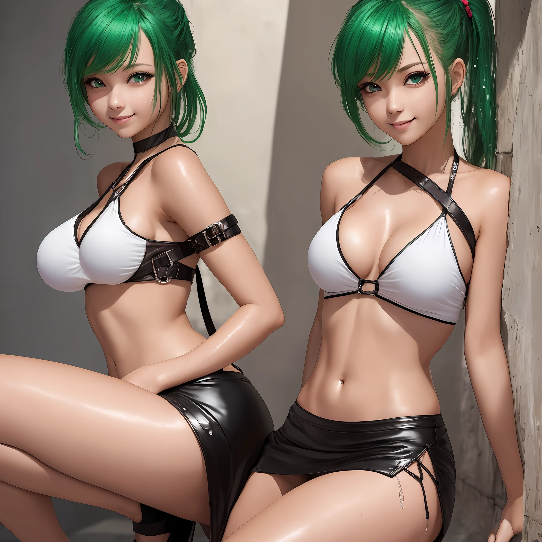 Top quality,masterpiece, photo, very delicate and beautiful, highly detailed CG ,unity,8k wallpaper, amazing, real photo,fine detail, official art,highly detailed CG Unity 8k wallpaper,absurdity, huge file size, super detailed, high resolution, beautiful detailed girl, highly detailed eyes and face, real live action, leather, slit, mini skirt, beautiful detailed eyes,(( Very shiny separate clothes)),1 girl,Full body,Full body shot,Watch viewer,((Light green hair)), Blue eyes,((blissful)), Most detailed background, ((Cosplay)), 22 years old, green, shiny, see-through, (smile), ponytail, belly button out, super mini skirt, legs wide left and right, Japan person, thighs, sleeveless, shoulder straps, (nipple shape clearly visible), ( The shape of the pubic area is clearly visible), Perfect body, Wet body: 1.3, tanned skin, squatting, (open crotch), sexy pose, sexy look, sexy shot, pose from the front, looking at the camera, --auto