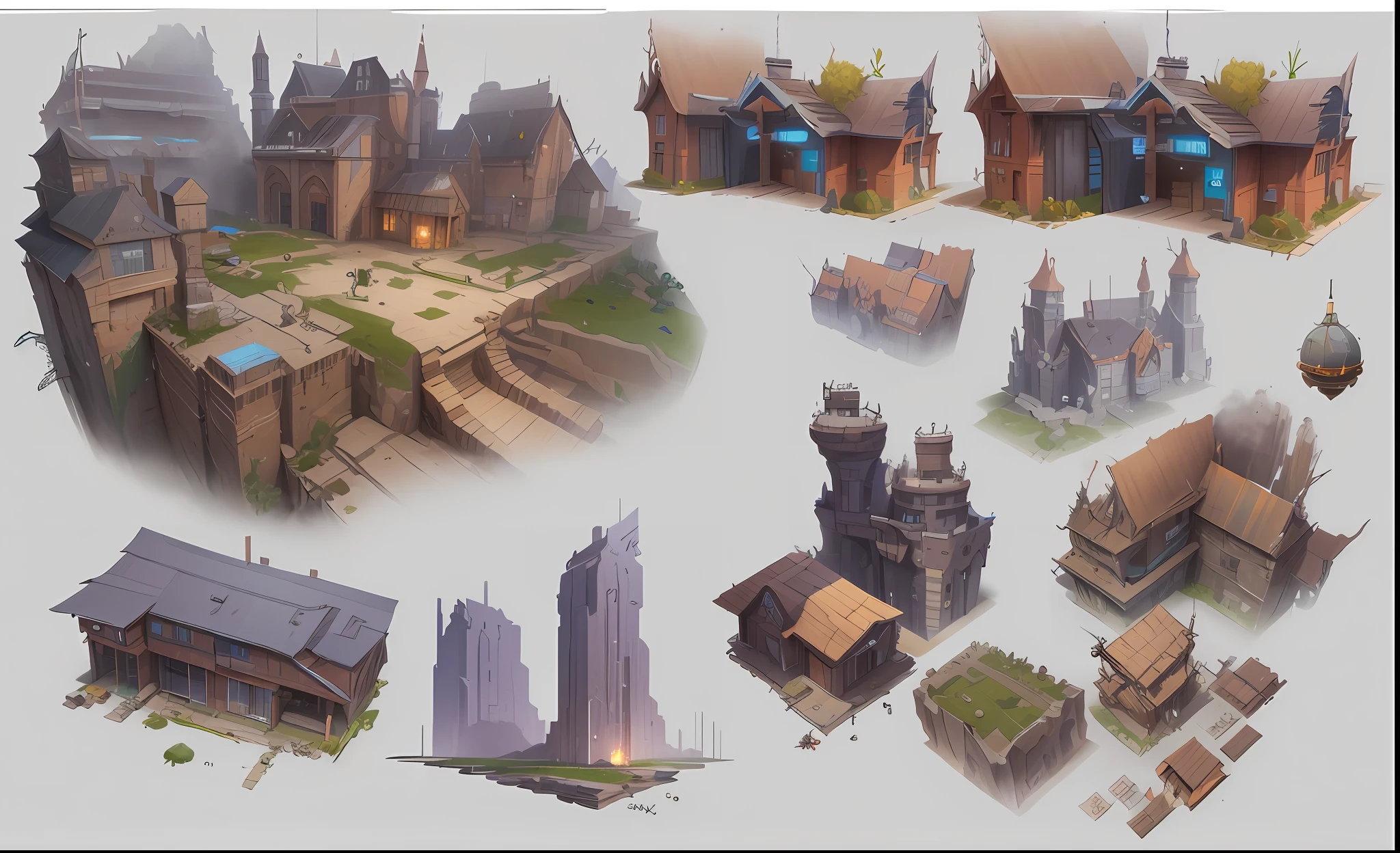 Close-up of a bunch of different buildings and buildings, video game assets, video game assets, RPG game environment assets, game assets, isometric game assets, concept art for video games, isometric 2D game art, concept art!, game assets, isometric game art, 2D game environment design, 2D game assets, stylized game art, streets, game concept scene design, hand drawn style, HD, style realism, near future civilization, technological performance, living in death, life fun elements, 2.5D, top-down, future city streets in disaster, technology elements, future elements