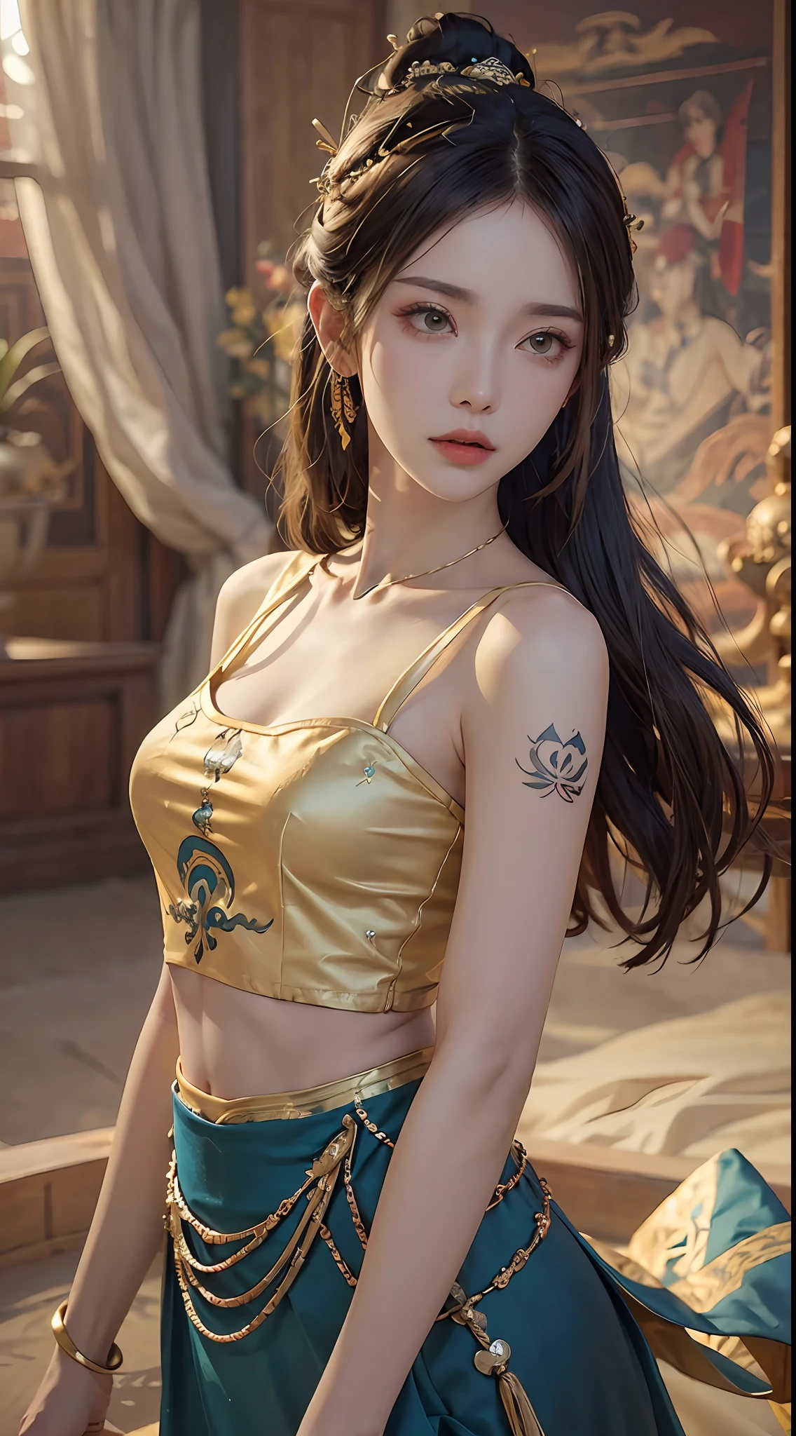 (RAW, Best Quality), Realistic, (Photorealistic Real: 1.3), Best Quality, High Detail, Masterpiece, Extremely detailed, Illustration, 1 25 year old goddess, upper body , Dynamic Angle, mess_long_hair, Best Quality, 8k Wallpaper, extremely detailed dunhuang uniform, Ink, Amazing, Cinematic Lighting, lens_flare, dunhuang_style dress, Sexy, Crop Top, Delicate Collarbone, Patterned Stockings, Gold Pattern all over her body, an ancient goddess, a hanfu-style silk ao dai, a silk dune costume, (dunhuang phi-tian style: 1.8) (fiction dunhuang landscape: 1.8), face beautiful and detailed makeup, thin black eyebrows, detailed eye makeup, big round yellow eyes, high nose, hair in a bun, jewelry on the head and neck, big and regular breasts, round hand on the wrist, jewelry on the goddess dune's shirt, small tattoo in the middle of the goddess dune,