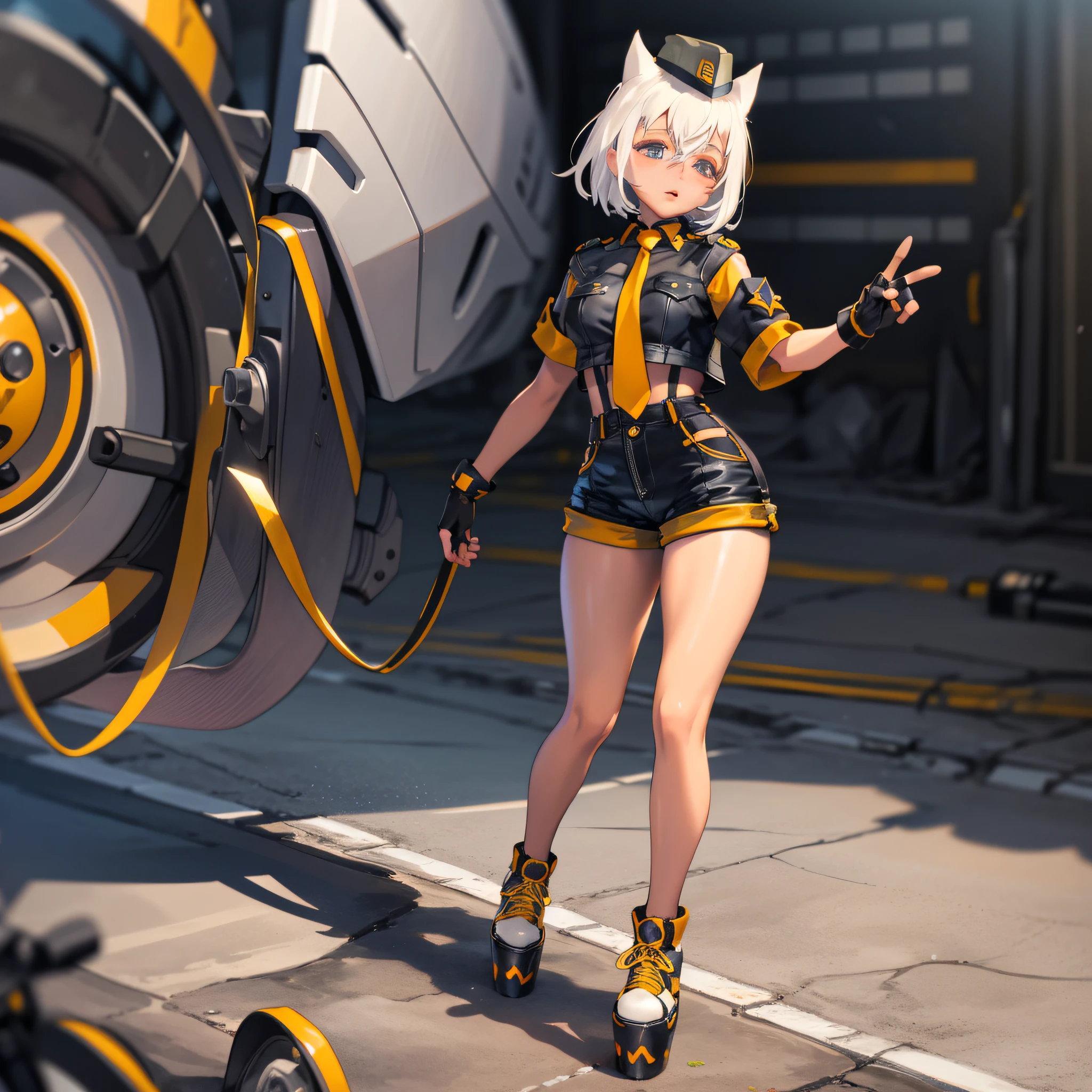 masterpiece, best quality, extremely detailed, detailed face, detailed eyes, clear eyes monadc, full body, robot body, 1girl, solo, looking at the viewer, short hair, thighs, neckline, open clothes, tie, empty eyes, fingerless gloves, black shorts, garrison cap, platform shoes, manequin pose