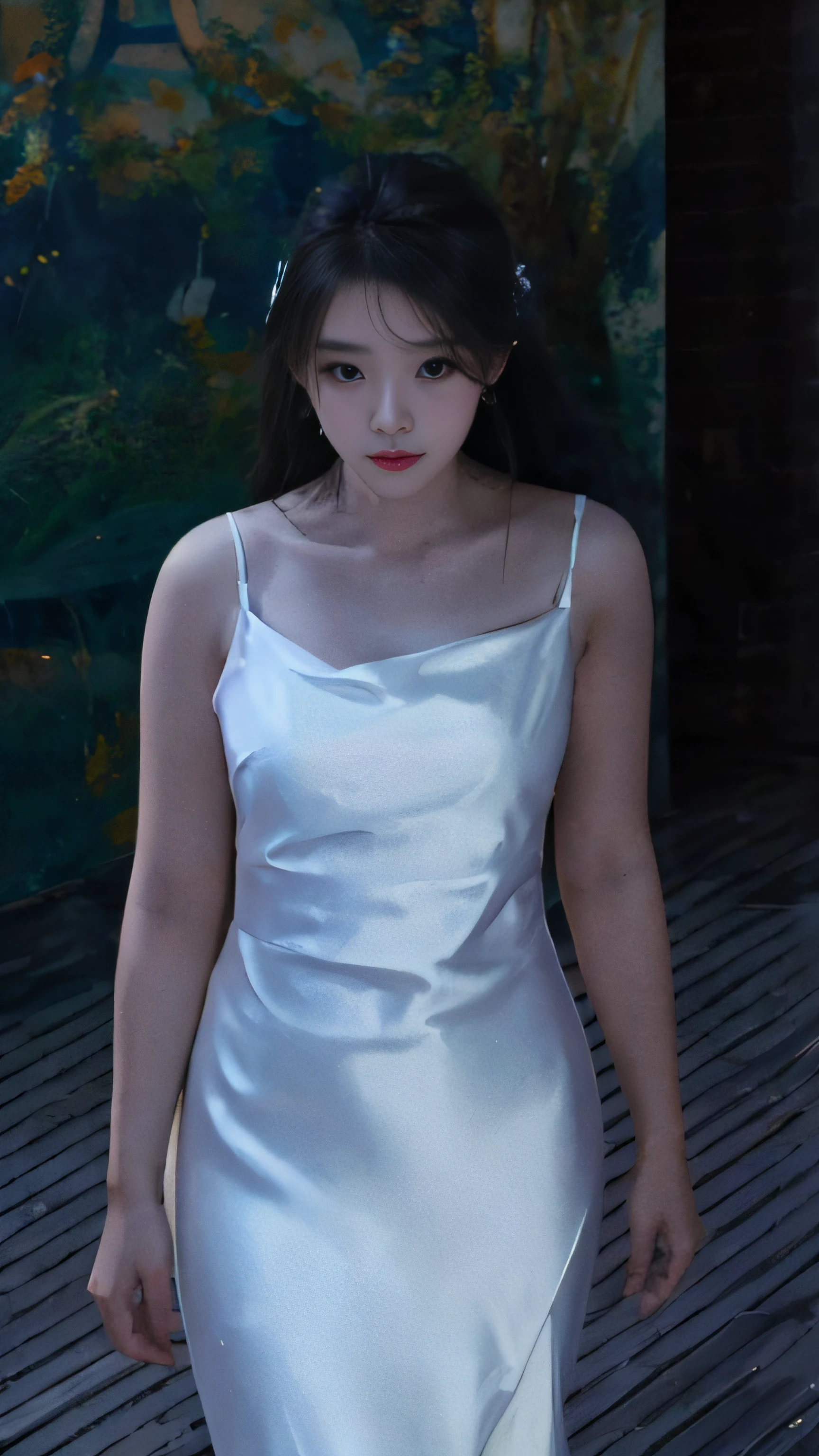 Korean sexy woman in white dress standing in front of a painting, girl in white dress, dancing in white dress, white dress, white silk, in art gallery], wearing white flowing dress, wearing cute white dress, Nico in white dress, soft silk dress, wearing white long dress, in the gallery, big eyes, watery big eyes