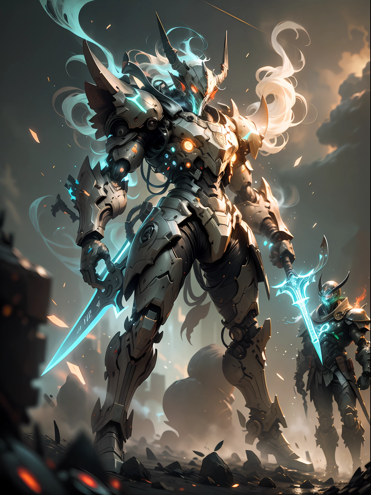 Ghost executioner with huge tomahawk, super cool ghost executioner, giant tomahawk, boxer, red mechanical boxer, wearing green mechanical armor, smoke surrounding, tomahawk swinging pose, imposing walking, frontal perspective, perfect eight-headed body proportions, tall body, full body photo, super detail, realistic, shiny, reflective, bioluminescent, galactic cybernetic mask, mecha, (executioner: 1.2), cape, SH4G0D, GlowingRunes_red, full body, movie, dark background, backlight, high contrast,