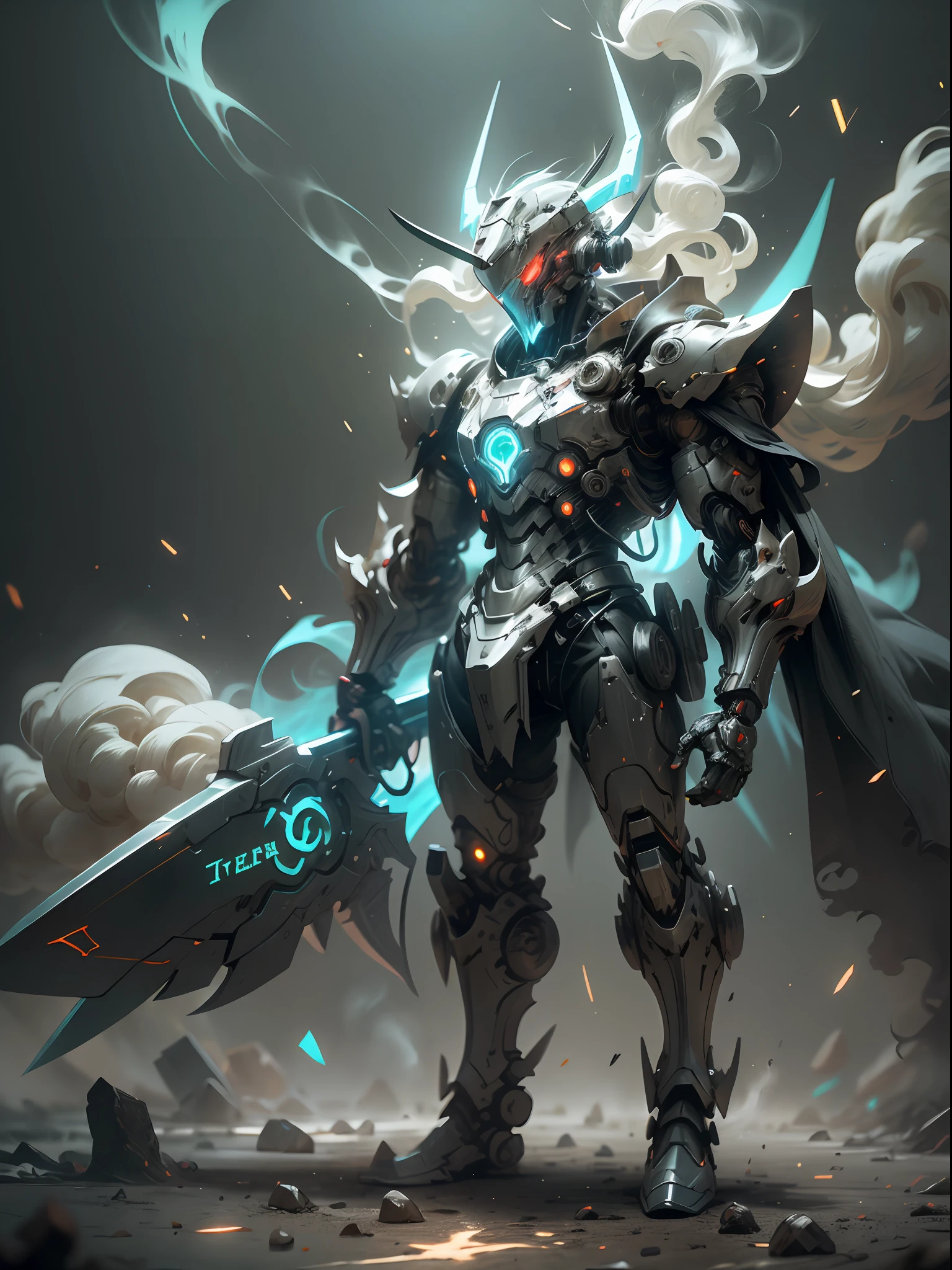 Ghost executioner with huge tomahawk, super cool ghost executioner, giant tomahawk, boxer, red mechanical boxer, wearing green mechanical armor, smoke surrounding, tomahawk swinging pose, imposing walking, frontal perspective, perfect eight-headed body proportions, tall body, full body photo, super detail, realistic, shiny, reflective, bioluminescent, galactic cybernetic mask, mecha, (executioner: 1.2), cape, SH4G0D, GlowingRunes_red, full body, movie, dark background, backlight, high contrast,