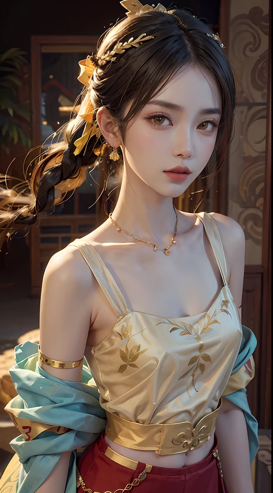 (RAW, Best Quality), Realistic, (Photorealistic Real: 1.3), Best Quality, High Detail, Masterpiece, Extremely detailed, Illustration, 1 25 year old goddess, upper body , Dynamic Angle, mess_long_hair, Best Quality, 8k Wallpaper, extremely detailed dunhuang uniform, Ink, Amazing, Cinematic Lighting, lens_flare, dunhuang_style dress, Sexy, Crop Top, Delicate Collarbone, Patterned Stockings, Gold Pattern all over her body, an ancient goddess, a hanfu-style silk ao dai, a silk dune costume, (dunhuang phi-tian style: 1.8) (fiction dunhuang landscape: 1.8), face beautiful and detailed makeup, thin black eyebrows, detailed eye makeup, big round yellow eyes, high nose, hair in a bun, jewelry on the head and neck, big and regular breasts, round hand on the wrist, jewelry on the goddess dune's shirt, small tattoo in the middle of the goddess dune,