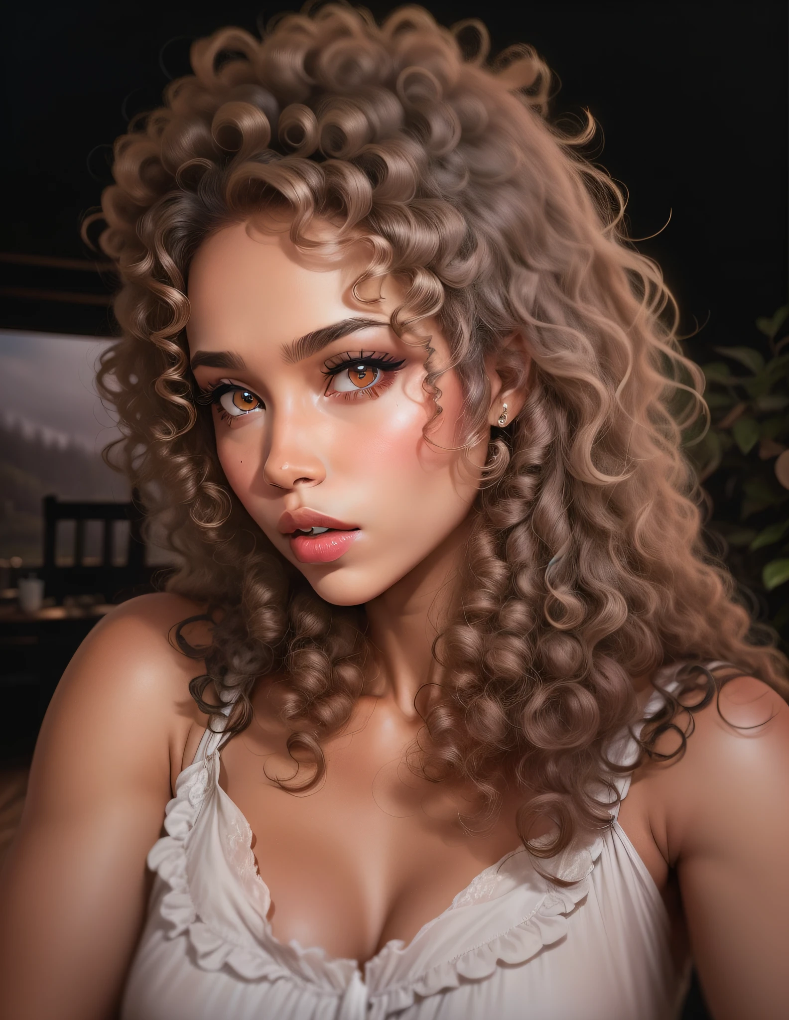 Black woman with curly hair, with red mouth, wearing long vintage style dress with a beautiful forest landscape in the background --auto