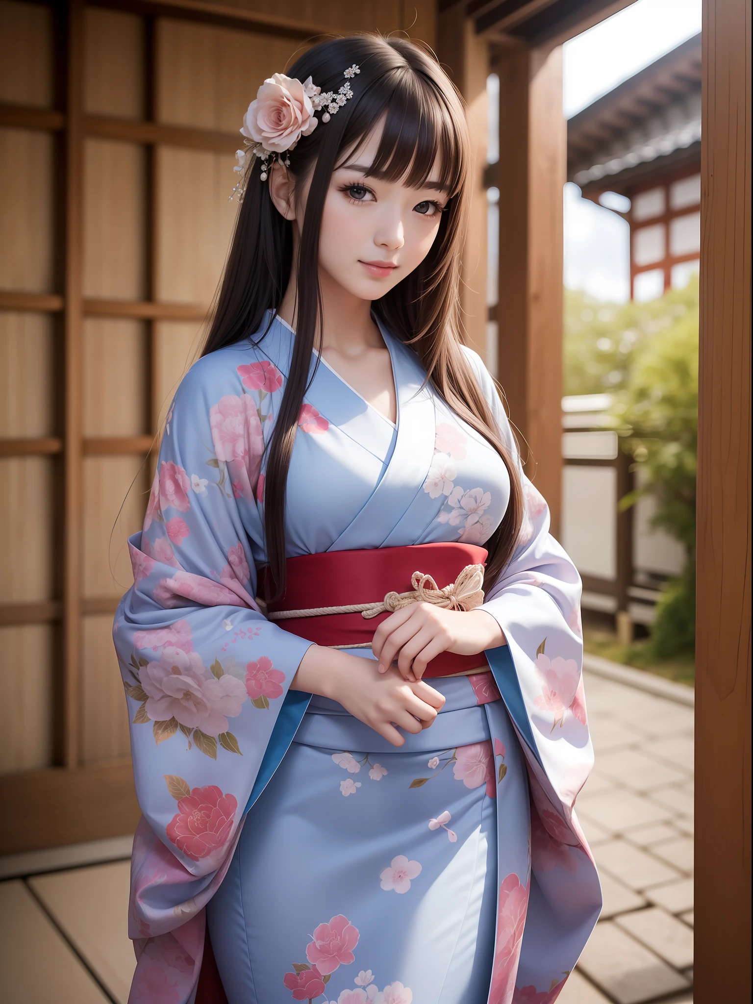 Masterpiece, Best quality, (Realistic, Photorealistic:1.37)))), (1 person)), 8k, Very delicate and beautiful, Fantastic, Official art with attention to detail, Ridiculous, Incredibly ridiculous, Huge file size, Ultra detailed, Very detailed, (Beautiful girl), (Detailed girl), Very detailed eyes and face, Beautiful detailed eyes, Light makeup, (1 girl), (perfect female figure), Slim waist, (Japan beauty), (full body)), With bangs, Feminine look, Gentle smile, (furisode), (Japan kimono), Kunoichi, Japan dagger, (20years old),
