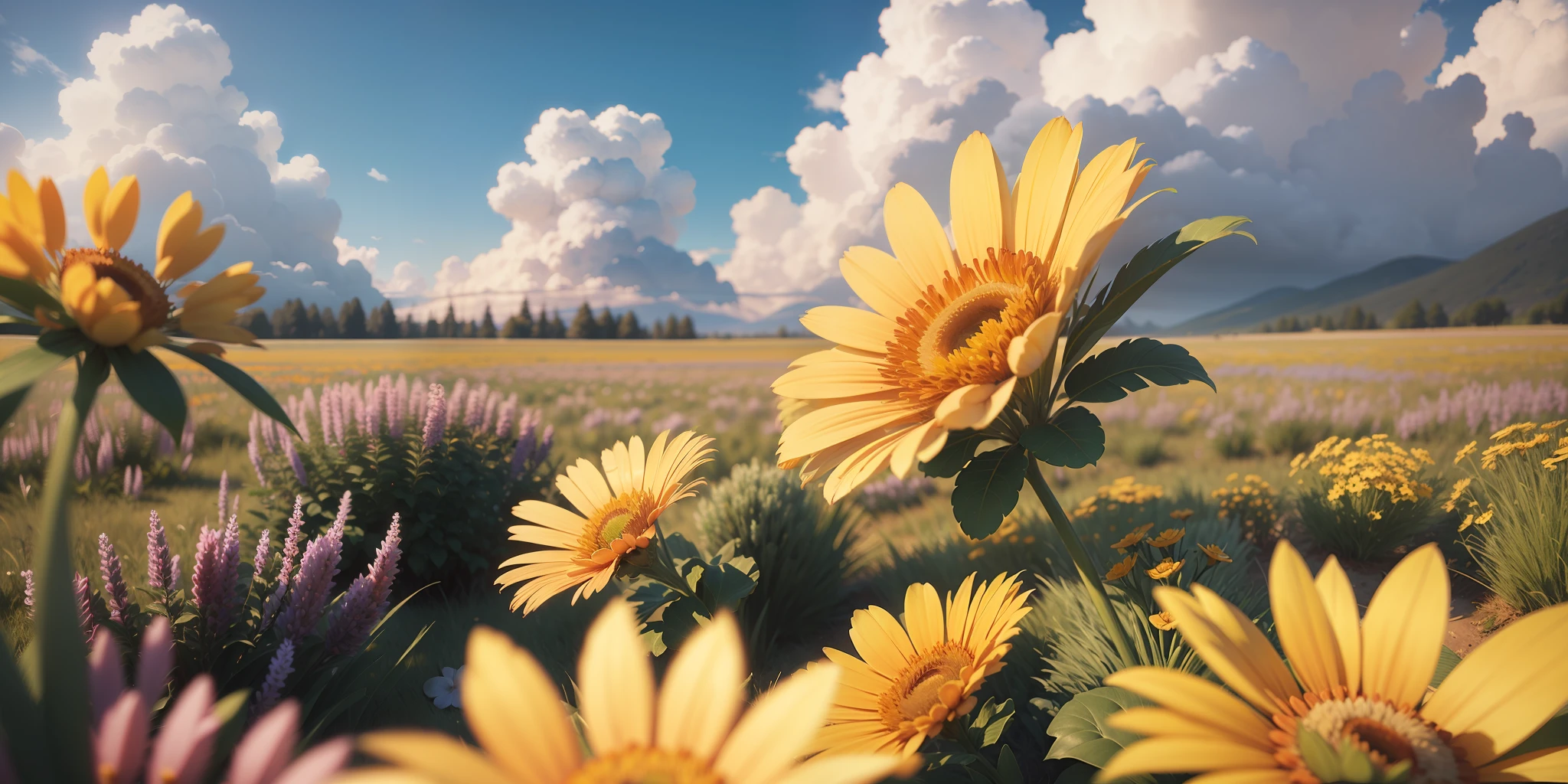 Summer. Sunny meadow with many flowers. Disney Pixar cartoon style. Photorealistic, cinematic, Octane render, 8K, Blue sky background with white clouds --auto --s2