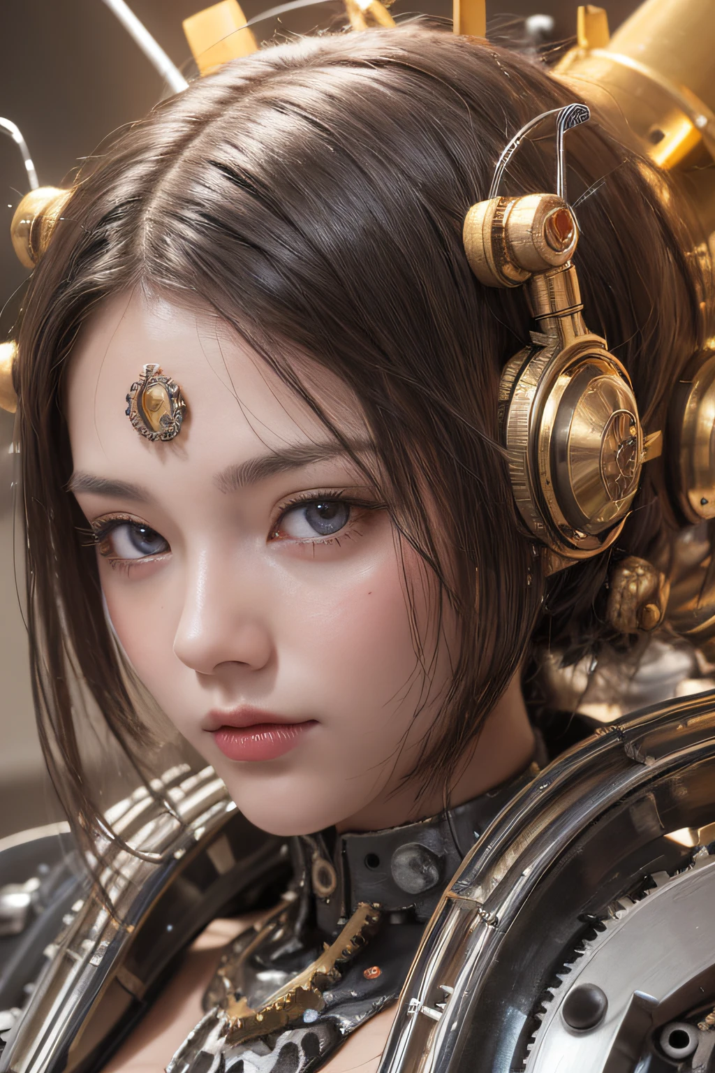 Top Quality, Masterpiece, Ultra High Resolution, (Photorealistic: 1.4), Raw Photo, 1 Girl, Black Hair, Glossy Skin, 1 Mechanical Girl, (Ultra Realistic Details)), Portrait, Global Illumination, Shadows, Octane Rendering, 8K, Ultra Sharp, Big, Cleavage Exposed Raw Skin, Metal, Detail of Intricate Ornaments, steampunk details, vacuum tubes, nixie tubes, oil pressure gauges, glass tubes, analog meters, gears, gears, golden hydraulic cylinders, very intricate details, realistic light, CGSoation trends, purple eyes, glowing eyes, facing the camera, neon details, mechanical limbs, blood vessels connected to tubes, mechanical vertebrae attached to the back, mechanical cervical attachment to the neck, sitting, wires and cables connecting to the head, Gundam, small LED lamps,