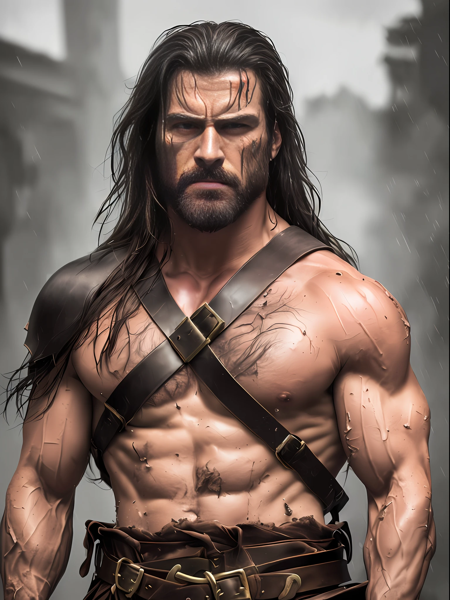 (Cinematic Photo:1.3) of (Ultra detailed:1.3) photo of the most beautiful artwork in the world featuring soft lustrous, ((epic heroic fantasy muscular rugged wet wounded hero man angry looking with long hair and long beard and fierce looking in a dynamic posture)), chest, full face,(dark background:1.4) (epic realistic, hdr, intricate details, hyperdetailed, cinematic, rim light, muted:1.5), ((fantastic location, majestic cluttered environment)), skin pores, very dark lighting, heavy shadows, detailed, detailed face, (photo realistic, dramatic, dark, sharp focus, 8k), (weathered damaged old worn leather outfit:1.5), (intricate:1.4), decadent, (highly detailed:1.4), octane render, sharp focus, heavy rain, particles floating, (Cinemacolor:1.3)