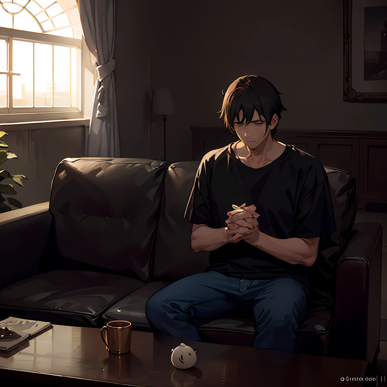 A tired middle-aged man sat alone on the sofa, holding his face in his hands and looking sad. His eyes followed his wife's back, watching her distant figure disappear around the corner. There was a dreary atmosphere in the room, and sunlight poured in through the windows, reflecting his lost figure. Presented in the style of Makoto Shinkai.