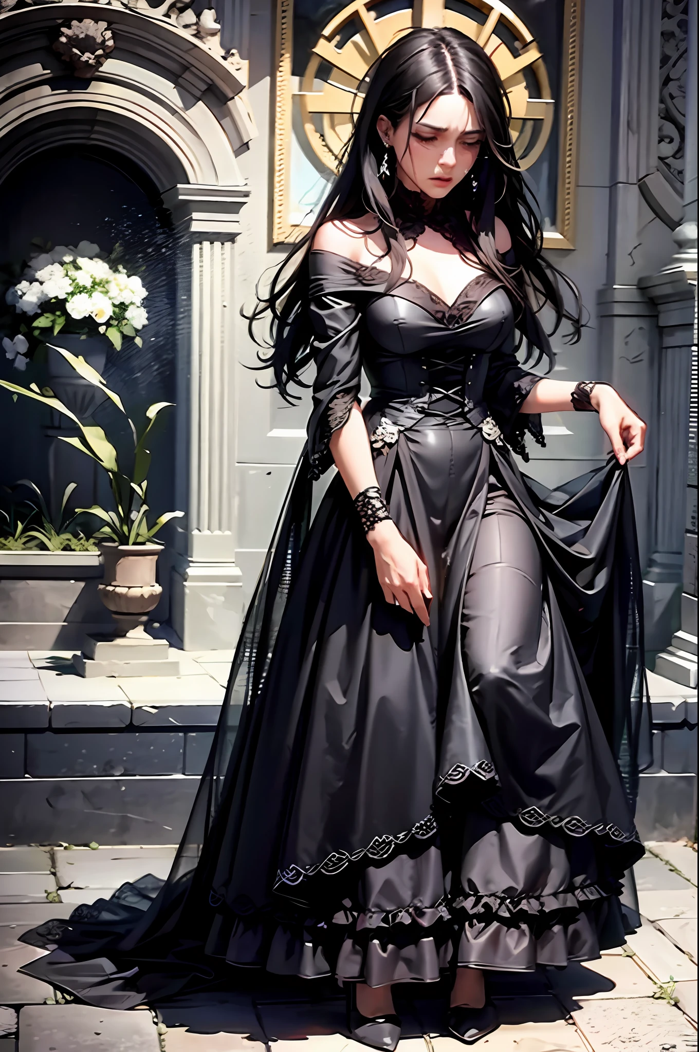 Hyper photorealistic, full body view, visit to a grave style, girl in black dress, crying, shed tears before the grave, straight long black hair, by Claude Monet, oil painting, rough touch, rough lines with movement, illustration, prowl hell street, super detailed
