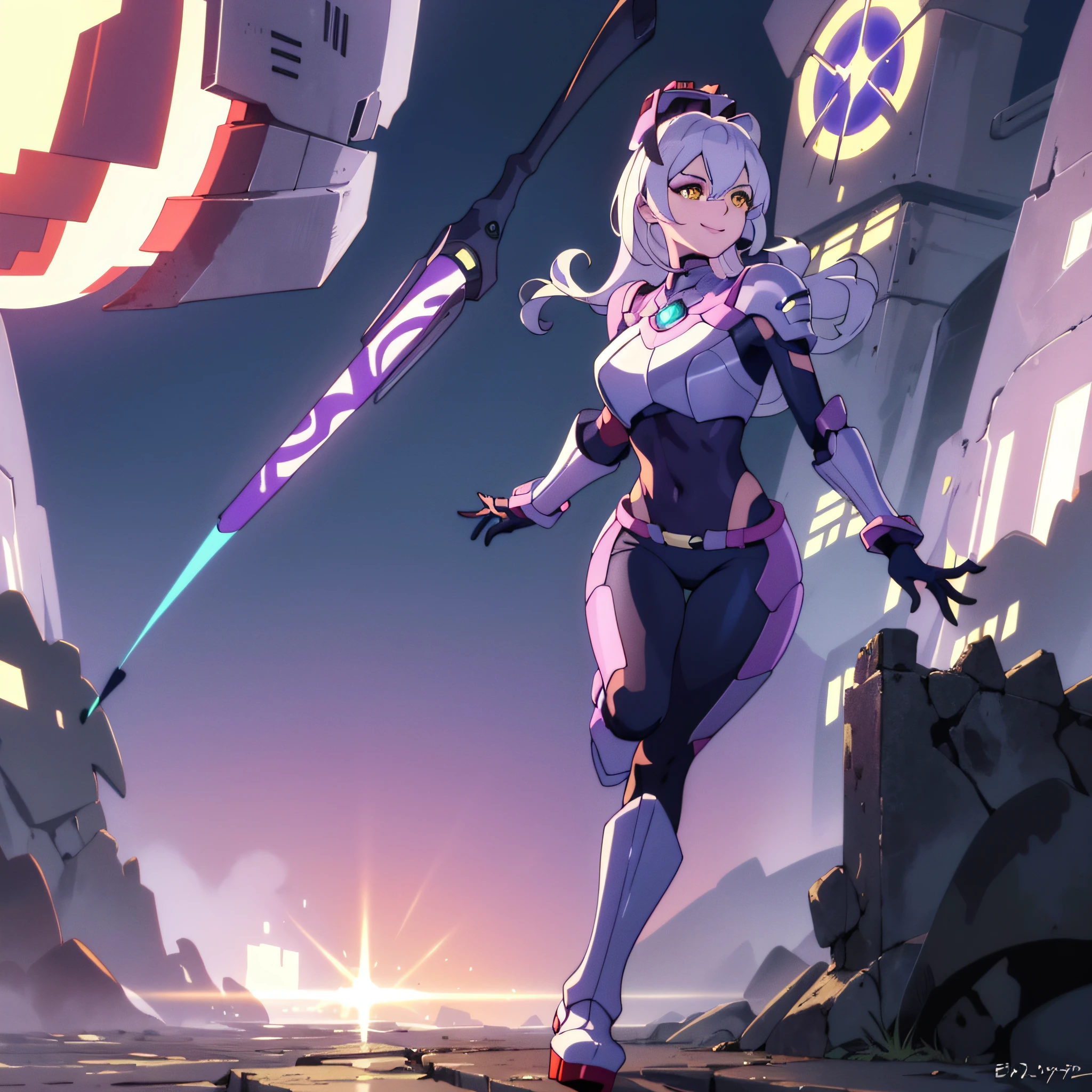 EvelynnAO, only 1girl, solo, complete body, silver hair, yellow eyes, (masterpieces, 8K, HDR, extremely delicate and beautiful, best quality: 1.2), perfect anatomy, good anatomy, lilac armor, futuristic city background, lilac helmet, running, sexy smile, platform boots, plasma cannon.