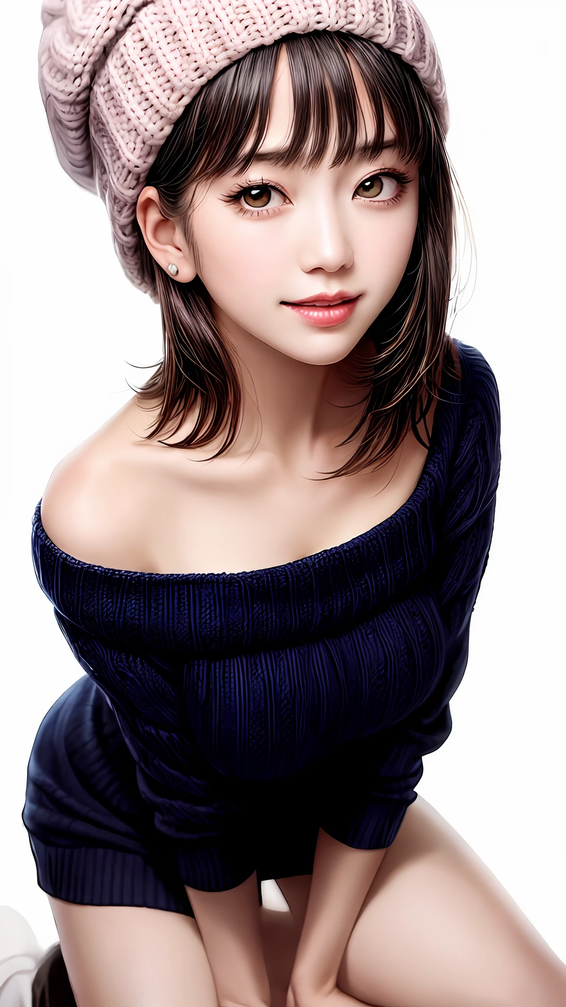 Pee (incontinence: 1.47), fashion trendy beautiful and attractive woman, gentle and attractive Chinese beautiful woman, Korean (kpop idol), delicate and sexy collarbone, attractive oval face, double eyelids, smart [peach] flower eyes, pink lips, small nose, bare shoulders, focus on face, [[face close-up], ultra high definition, super detail, White off-shoulder lace shirt, (((black) lace panties), fresh and impressive, natural (large: 1.25), (kneeling on the ground), (legs wide open), (legs spread), (from a low angle), (upright 1.5), (shiny skin: 1.4), (low angle)), perfect figure, areolas, cleavage, armpit wrinkles, (floor urine)), (NSFW: 1.05), ( Showpiece, top quality, high precision)), one girl, (big, photorealistic: 1.4), (slightly above the camera, looking up at the camera, looking up, looking up at the camera, staring at the camera))), solo, solo, white background, snow-white background, mouth closed, happy smile, pretty black hair, short hair, big eyes, pronounced double eyelids, eyelashes, ears out, long neck, long neck, Absolute area, ((close-up of face, short hair with bangs)), 19 years old, attractive proportions, shiny skin, clean collarbone, golden ratio face, perfect face, teardrop mole, chest mole, bangs, clean bangs, beautiful bangs, lip gloss, thin lips, white skin, undressed, big breasts, small face, staring at the camera a little upwards, ((smiling a little at the camera, really nothing pure white background, very big big, big breasts)), ((((uniform, knitted hat)))