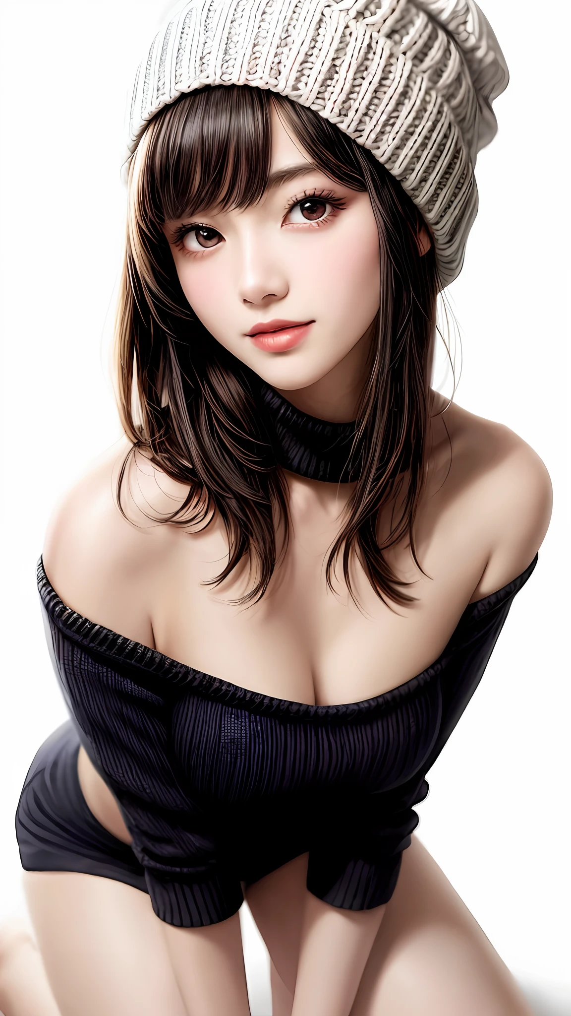 Pee (incontinence: 1.47), fashion trendy beautiful and attractive woman, gentle and attractive Chinese beautiful woman, Korean (kpop idol), delicate and sexy collarbone, attractive oval face, double eyelids, smart [peach] flower eyes, pink lips, small nose, bare shoulders, focus on face, [[face close-up], ultra high definition, super detail, White off-shoulder lace shirt, (((black) lace panties), fresh and impressive, natural (large: 1.25), (kneeling on the ground), (legs wide open), (legs spread), (from a low angle), (upright 1.5), (shiny skin: 1.4), (low angle)), perfect figure, areolas, cleavage, armpit wrinkles, (floor urine)), (NSFW: 1.05), ( Showpiece, top quality, high precision)), one girl, (big, photorealistic: 1.4), (slightly above the camera, looking up at the camera, looking up, looking up at the camera, staring at the camera))), solo, solo, white background, snow-white background, mouth closed, happy smile, pretty black hair, short hair, big eyes, pronounced double eyelids, eyelashes, ears out, long neck, long neck, Absolute area, ((close-up of face, short hair with bangs)), 19 years old, attractive proportions, shiny skin, clean collarbone, golden ratio face, perfect face, teardrop mole, chest mole, bangs, clean bangs, beautiful bangs, lip gloss, thin lips, white skin, undressed, big breasts, small face, staring at the camera a little upwards, ((smiling a little at the camera, really nothing pure white background, very big big, big breasts)), ((((uniform, knitted hat)))