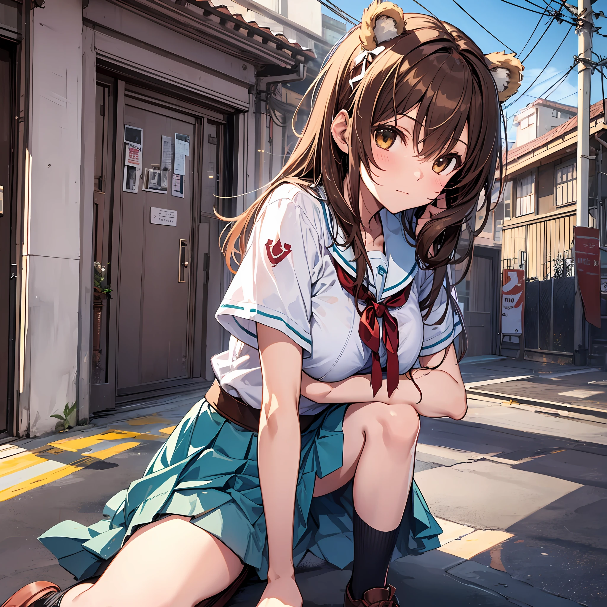 Top Quality High School Girl Bear Ears School Transparency Beautiful Girl Random Pose Misaka Mikoto Haruhi Suzumiya Big Tits White Shirt Mini Skirt White Loose Socks