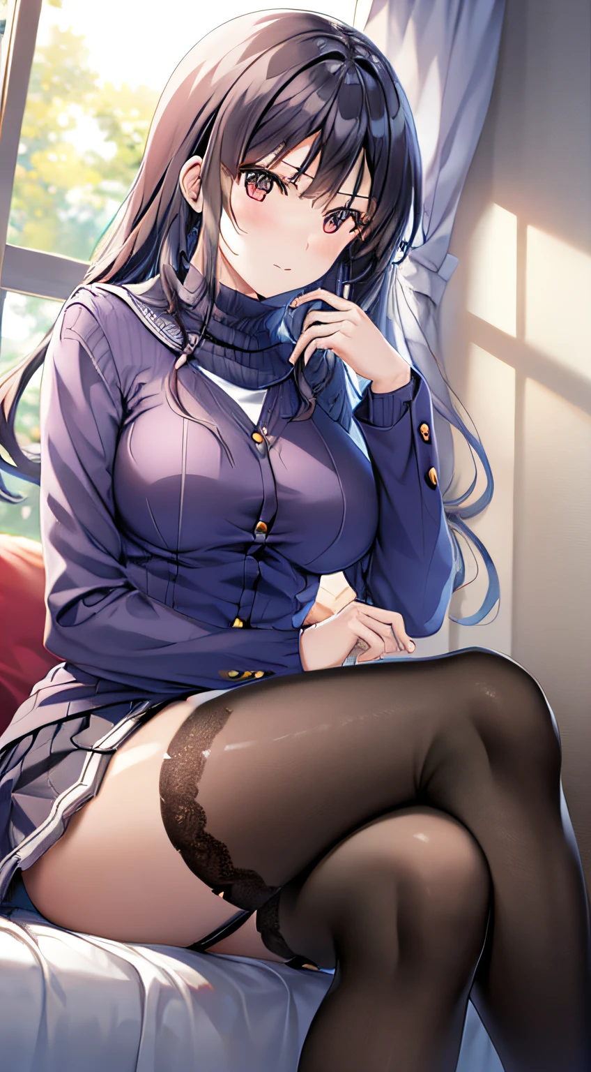 masterpiece, highres, best quality, 1girl, solo, thighhighs, skirt, garter straps, sitting, thighs, breasts, sweater, ass, black thighhighs, black hair, lace-trimmed legwear, miniskirt, large breasts, red sweater, ribbed sweater, window, long hair, grey skirt, lace trim, indoors, pleated skirt, long sleeves, crossed legs