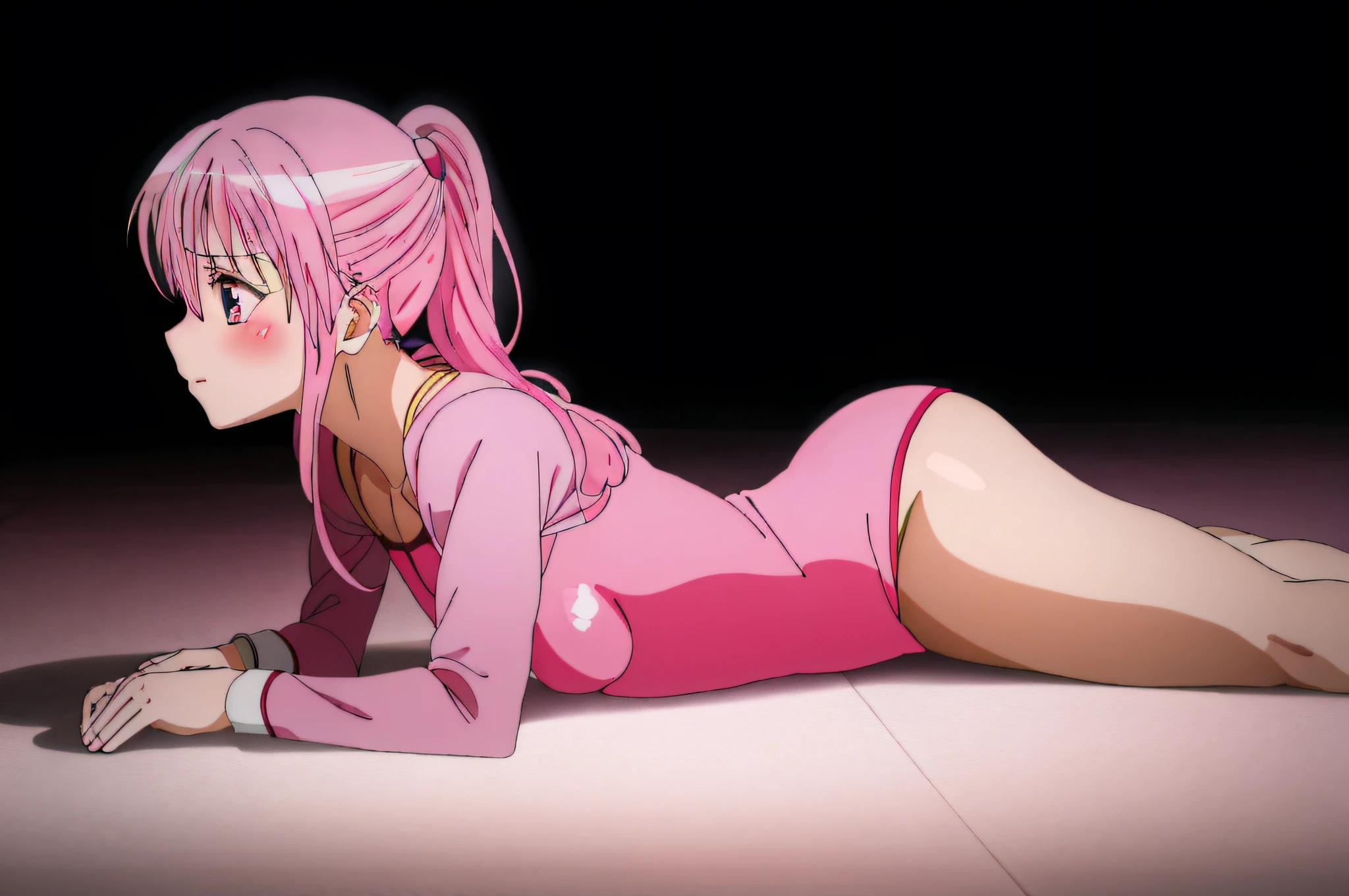 anime girl laying on the floor with her pink hair in ponytails, humanoid pink female squid girl, lying dynamic pose, the anime girl is crouching, beautiful anime girl squatting, seductive anime girl, anime girl named lucy, beautiful alluring anime , best anime 4k konachan wallpaper, bubblegum body, some pink, anime pose, pink girl