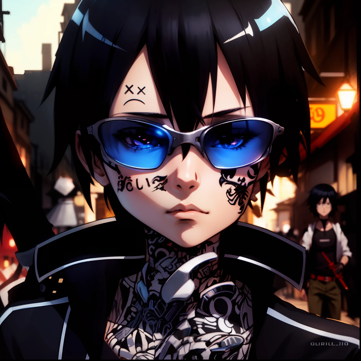 male anime character, black hair, with blue reflective Oakley tattoos and glasses, 2D anime style, anime aesthetic, SAO kirito, Sword Art Online kirito, light skin, village background.