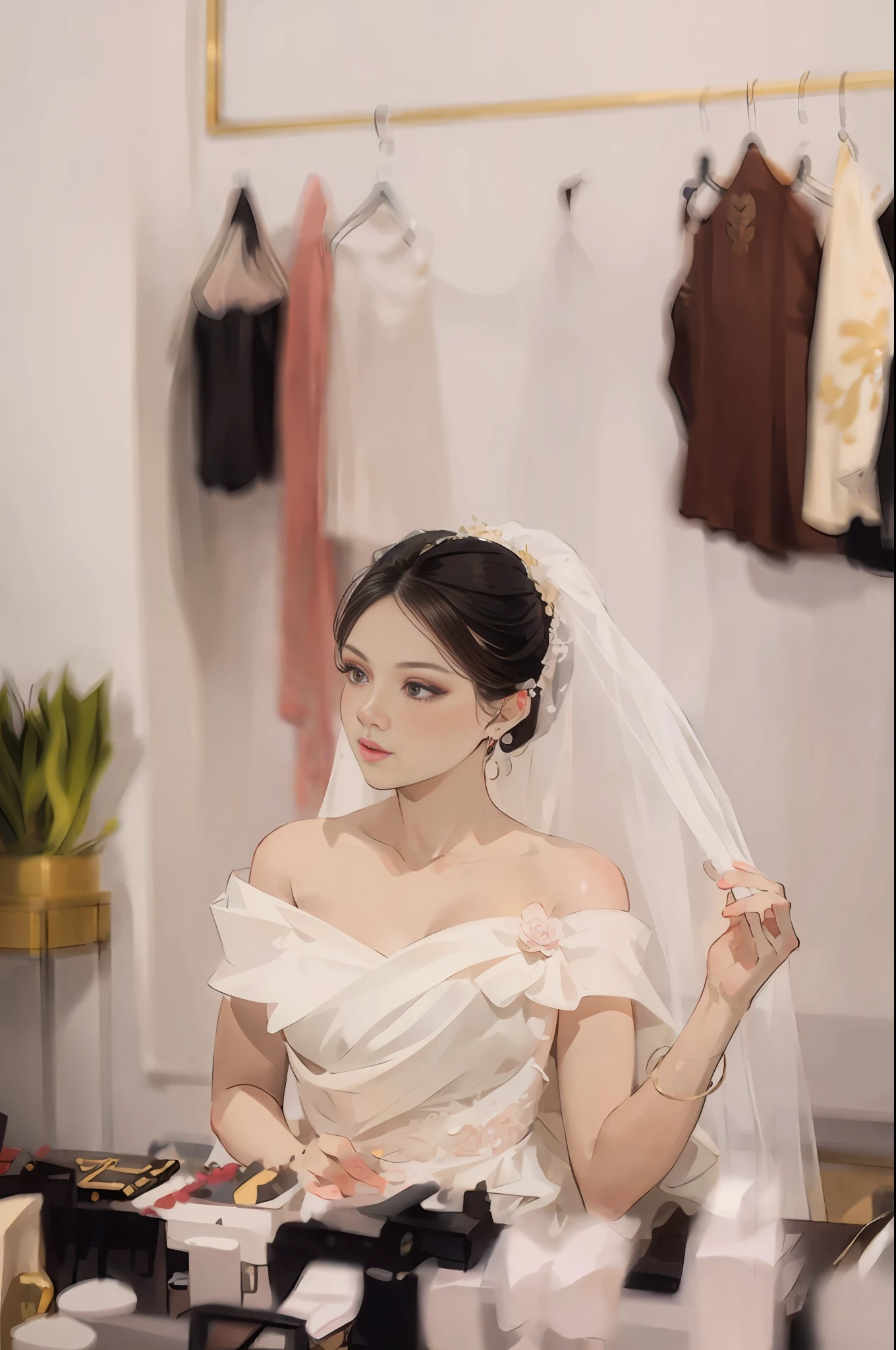 The bride prepares for her wedding in her dressing room, dressed in a wedding dress, O'Day, wearing an organza dress, bride, simple white veil, Limang style, wearing a translucent veil, veil, shot with Canon EOA 6 D Mark II, inspired by Ruth Zhan, wearing a veil, quadratic