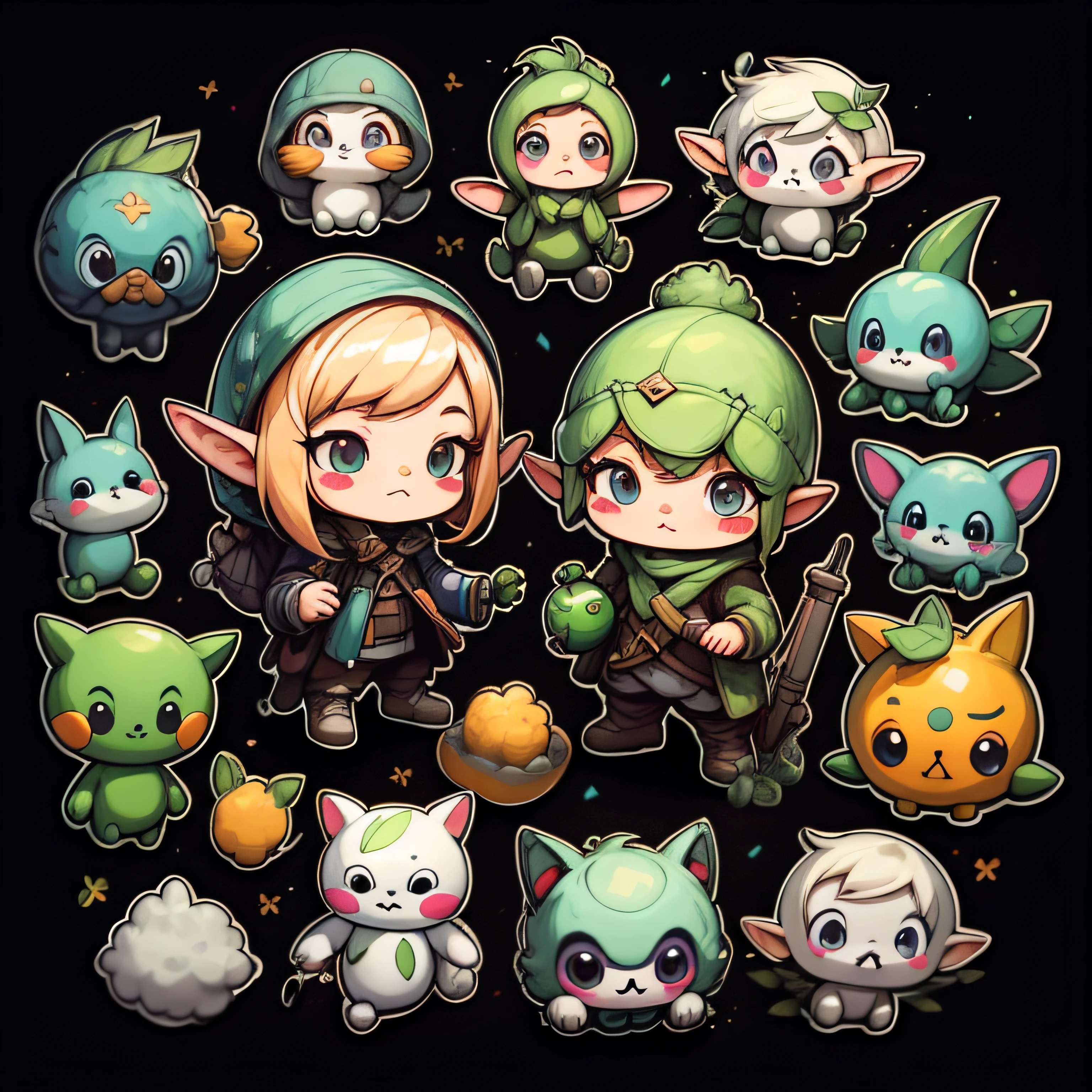 Stickers, cute all kinds of elves, simple background, overlook, cyberpunk