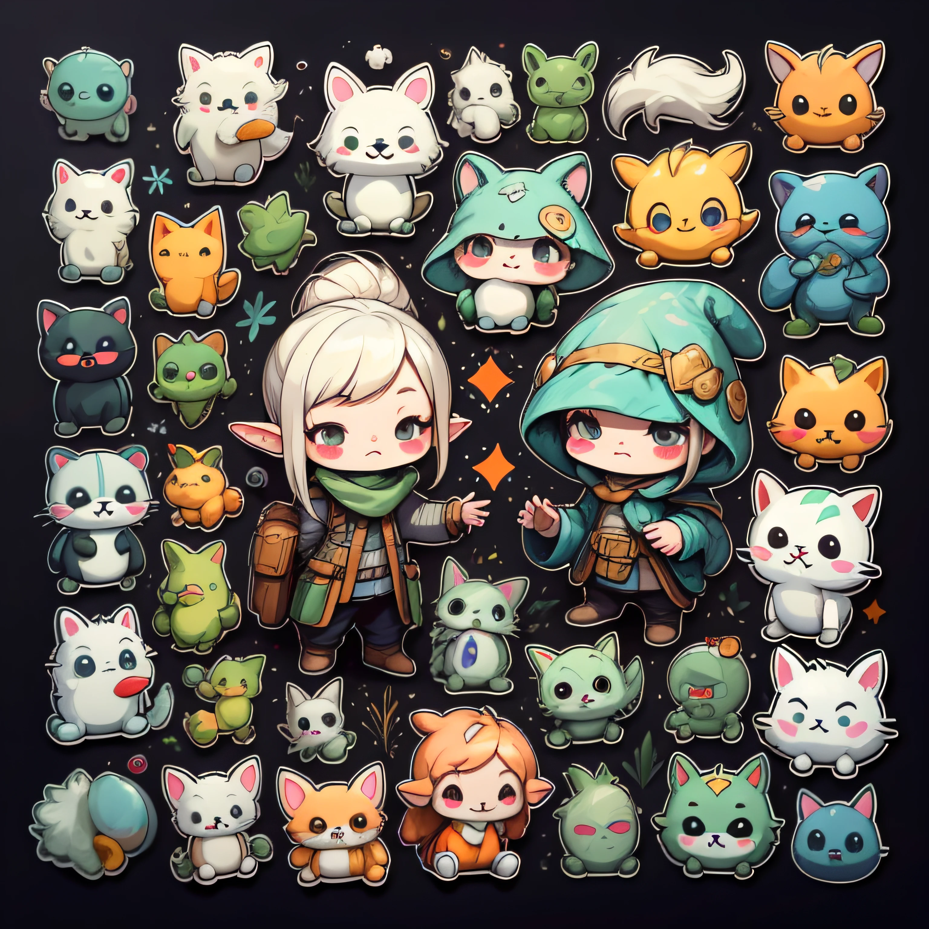 Stickers, cute all kinds of elves, simple background, overlook, cyberpunk