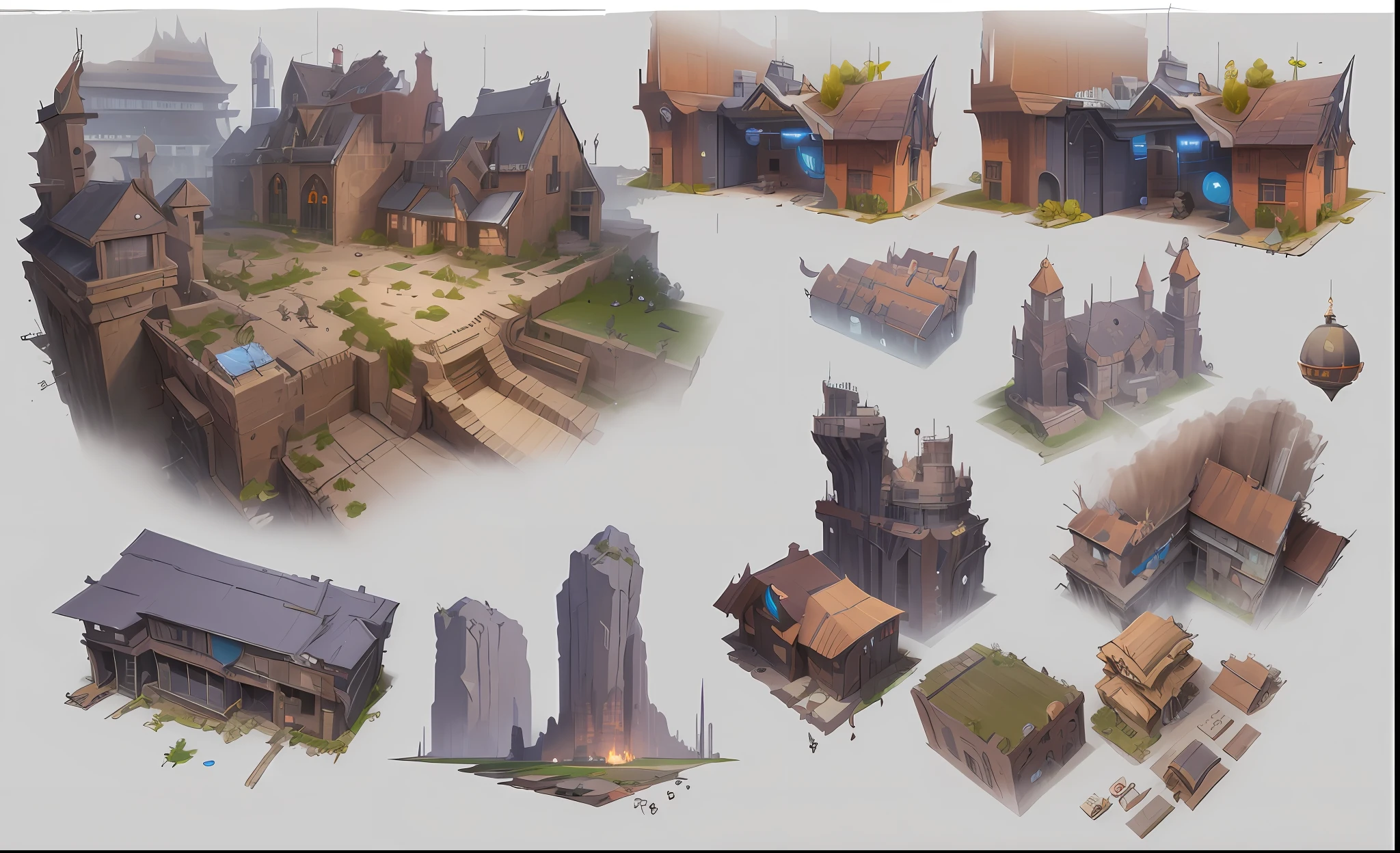 Close-up of a bunch of different buildings and buildings, video game assets, video game assets, RPG game environment assets, game assets, isometric game assets, concept art for video games, isometric 2D game art, concept art!, game assets, isometric game art, 2D game environment design, 2D game assets, stylized game art, streets, game concept scene design, hand drawn style, HD, style realism, near future civilization, technological performance, living in death, life fun elements, 2.5D, top-down, future city streets in disaster, technology elements, future elements