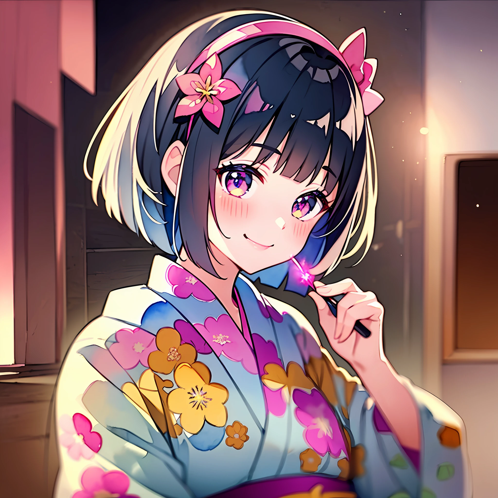 (masterpiece, highest quality, high resolution), (watercolor), yukata, light lipstick, light pink, cute, blush, seductive smile, headband, ribbon, beautiful girl, child, lights, black hair, hair ornament, bob cut, fireworks, kawahara